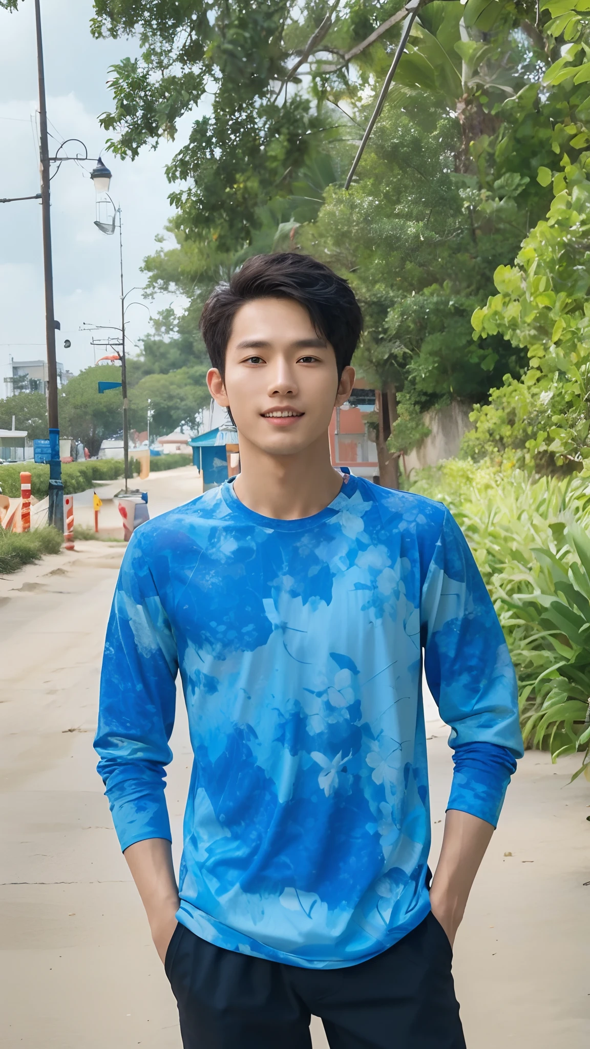 A handsome, muscular young Asian man looks at the camera. In a simple blue t-shirt , Fieldside, grass, beach, sunlight