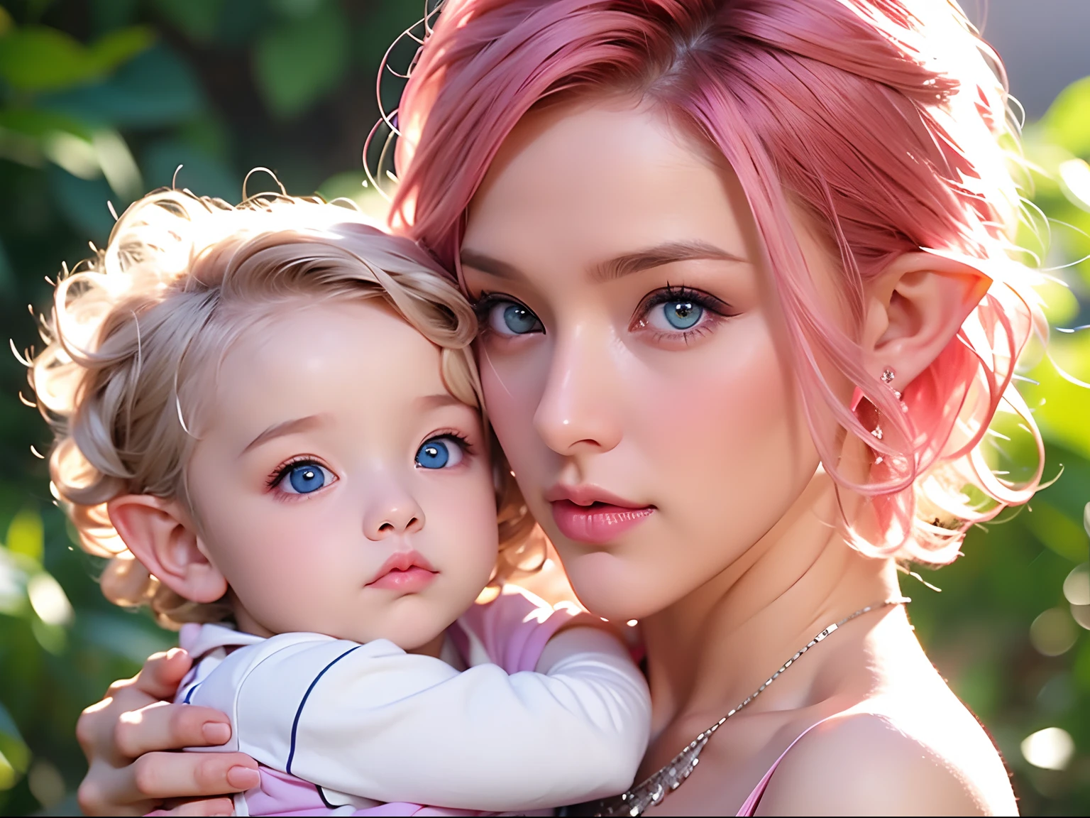girl, girl, girl, girl, small, short curly hair, voluminous hair, small hair, pink hair, blue eyes, cute, toddler girl, girl, volume, toddler girl, face, elf, c