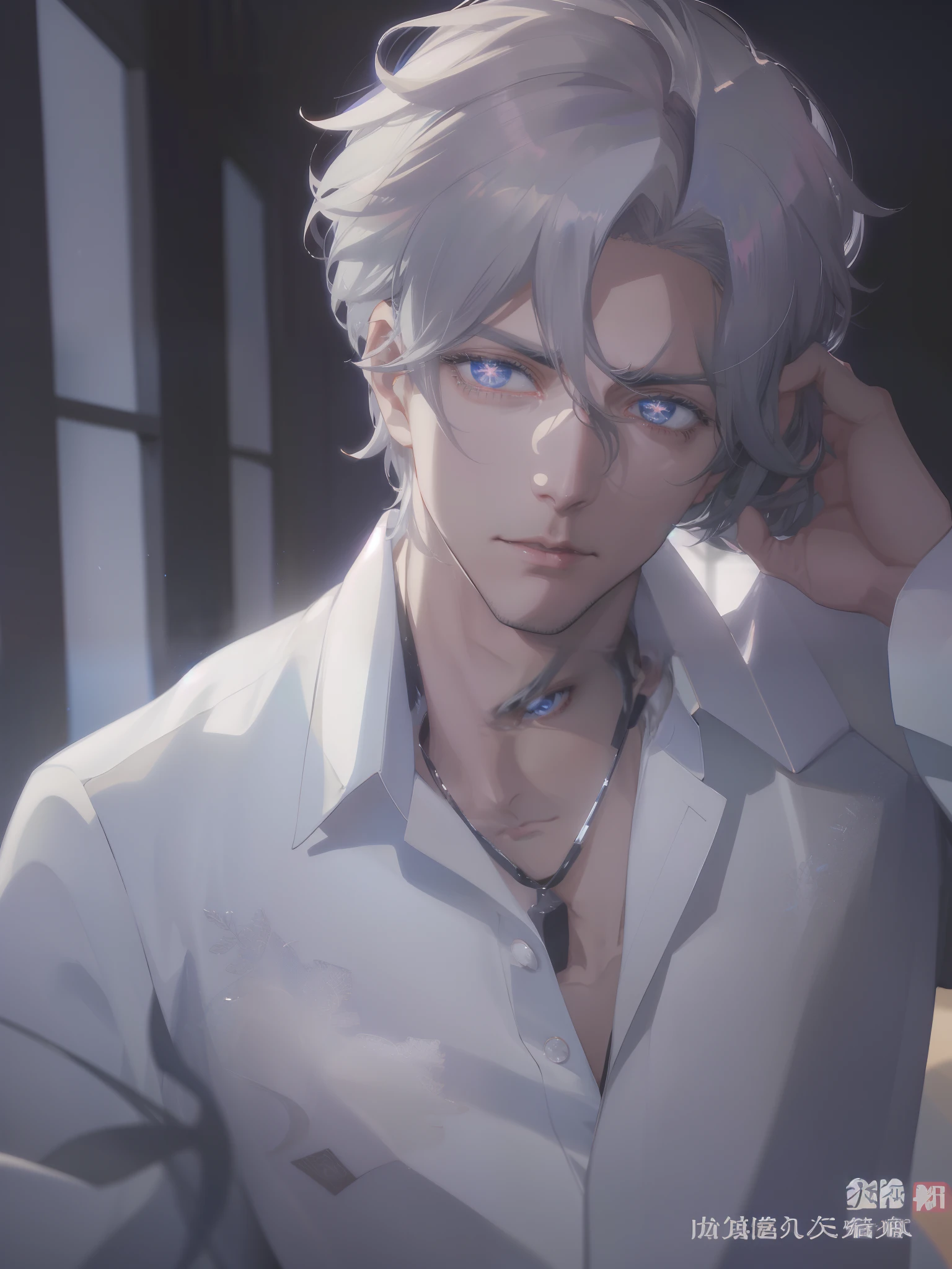 anime guy with grey hair and blue eyes posing for a picture, handsome anime pose, anime handsome man, male anime character, tall anime guy with blue eyes, male anime style, smooth anime cg art, cai xukun, delicate androgynous prince, xqc, handsome guy in demon slayer art, handsome stunning realistic, beautiful androgynous prince, anime character