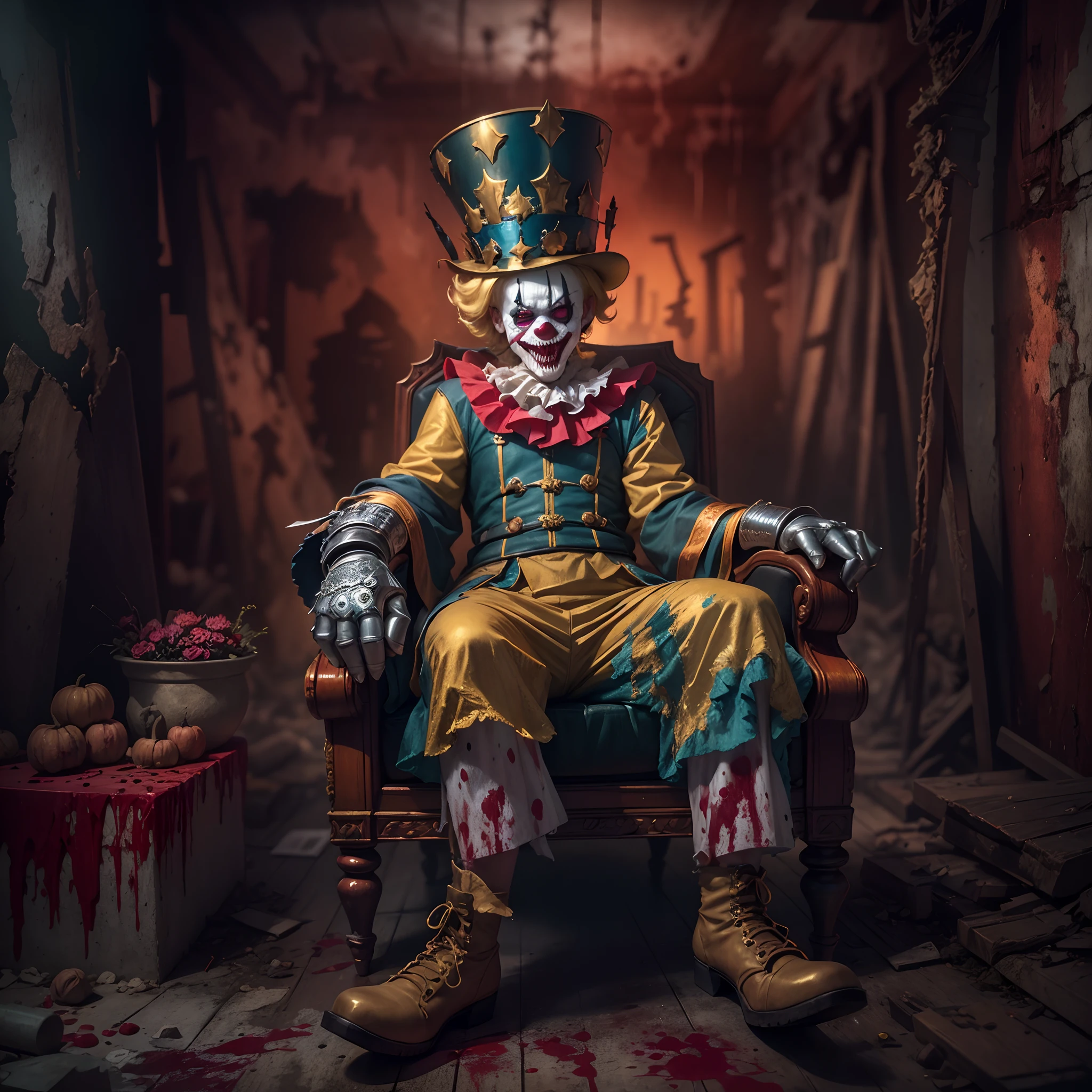 (Crazy clown), sitting on a golden throne, Wear a clown hat, Wear clown costumes, metal gauntlet,Circus props,Laughing, Deep blonde hair.((Blood spray)),(Spooky atmosphere),Haunted ruins background. Surrealist style, vivd colour,Sharp contrast, ominous lighting, high-density imaging review, Ultra-high definition, Studio lighting,physically-based renderingt, Extreme detail description, professional (scary style)