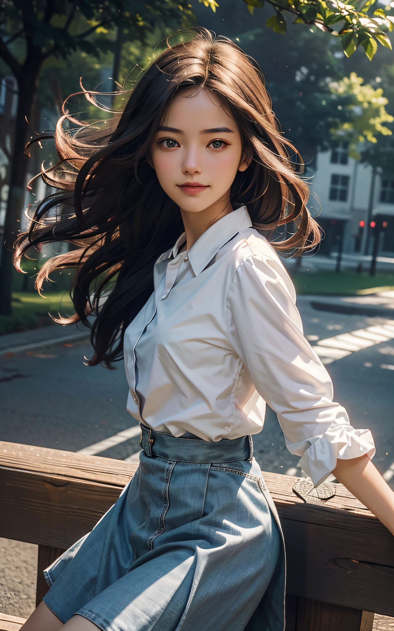 masterpiece, top-quality, in 8K, Official art, Raw foto, beautiful a girl, cute face, White blouses, , a park, cowboy shot, A smile, A hyper-realistic, hight resolution, a picture, skirt by the, film grains, chromatic abberation, foco nítido, face lights, Dynamic lighting, Cinematographic lighting, highestdetailed, Extreme details, ultra-detailliert, detaile, extremely detailed eye and face,