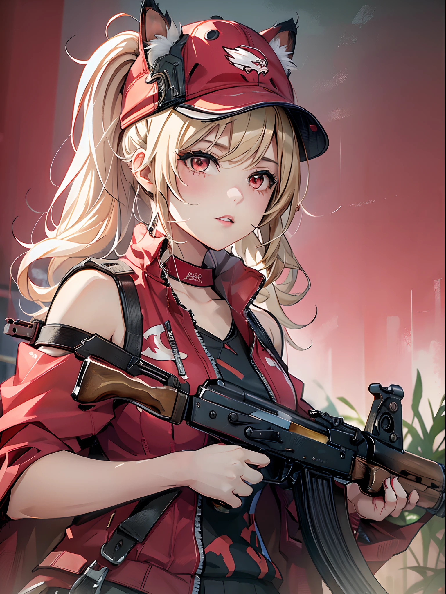 Best Quality, masutepiece, 超A high resolution, (Photorealistic:1.4), 1girl in, off shoulders, In the Dark, deepshadow, lowkey,Holding_gun,AK-47,assault_rifle,(aiming),(blonde  hair, Wear a red cloak、Short ponytail, Cat's ears, no sleeves, Crimson Red Baseball Cap、Crimson Red Baseball Uniforms,"eagles"And printed),Solo, Cat's ears