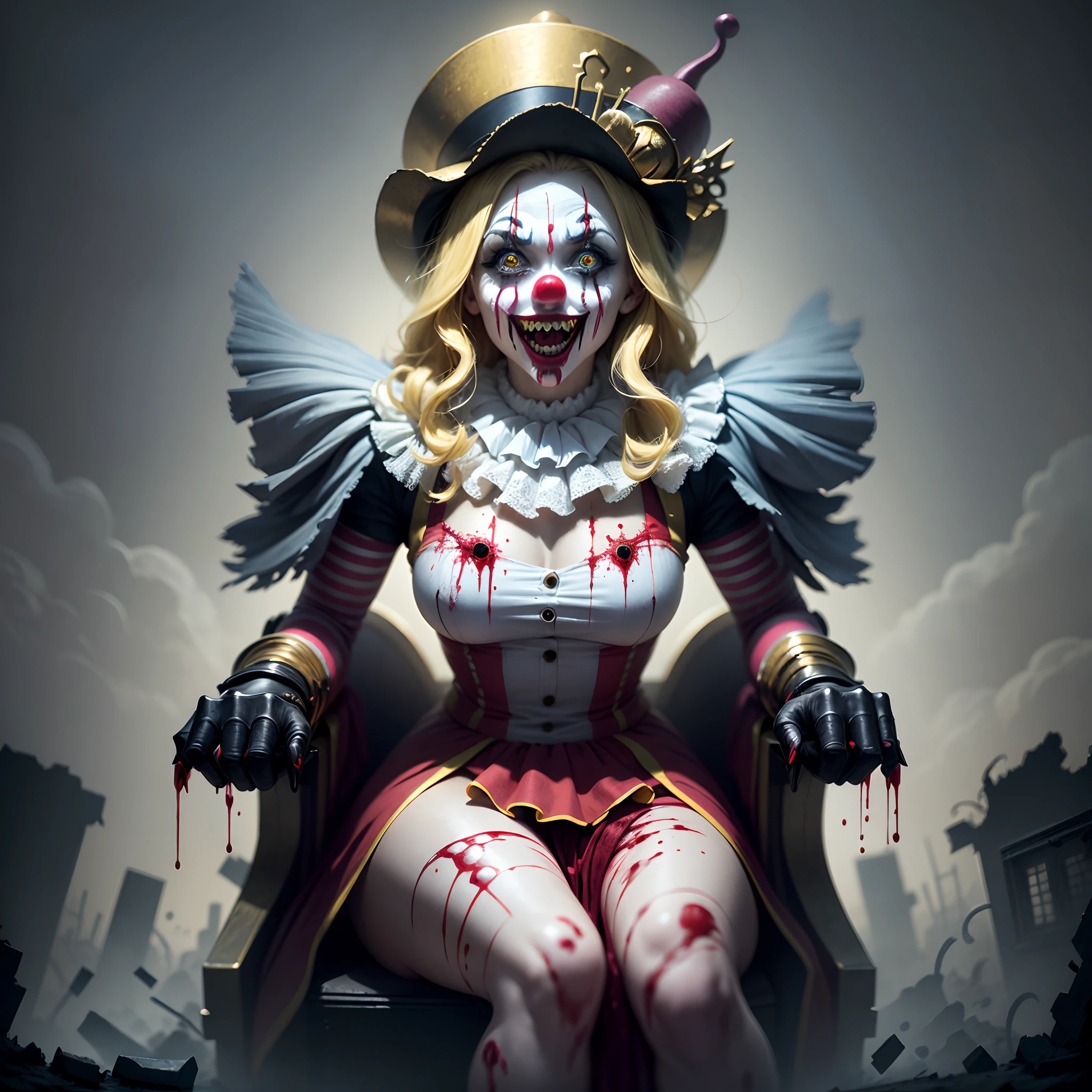 (Crazy clown), sitting on a golden throne, Wear a clown hat, Wear clown costumes, metal gauntlet,Circus props,Laughing, Deep blonde hair.((Blood spray)),(Spooky atmosphere),Haunted ruins background. Surrealist style, vivd colour,Sharp contrast, ominous lighting, high-density imaging review, Ultra-high definition, Studio lighting,physically-based renderingt, Extreme detail description, professional (scary style)