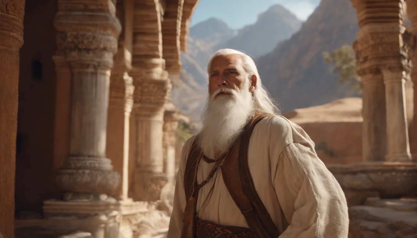 Man with white hair and a very bushy beard also white, He wears brown sandals that show the traces of long roads traveled and on his left arm hangs a backpack with multicolored engravings.