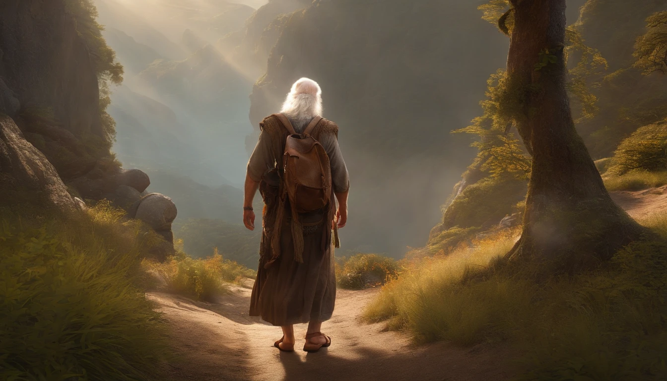 Man with white hair and a very bushy beard also white, He wears brown sandals that show the traces of long roads traveled and on his left arm hangs a backpack with multicolored engravings.