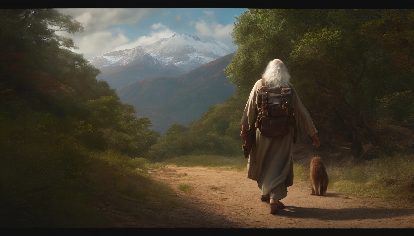 Man with white hair and a very bushy beard also white, He wears brown sandals that show the traces of long roads traveled and on his left arm hangs a backpack with multicolored engravings.