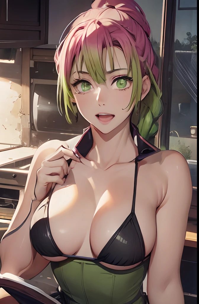 Mitsurikan Log, mitsuri kanroji, braid, Gradient Hair, (Green eyes:1.5), Green hair, Long hair, Mole, Mole under the eyes, multicolored hair, Pink hair, Twin braids, Two-tone hair, Brake belt, Black skirt, cleavage, coat, demon slayer uniform, haori, Komono, Long sleeves, Miniskirt, partially unbuttoned, Pleated skirt, Skirt, uniform, BREAK looking at viewer, Break indoors, BREAK (masutepiece:1.2), Best Quality, High resolution, Unity 8k壁纸, (Illustration:0.8), (Beautiful detailed eyes:1.6), extra detailed face, Perfect Lighting, extremely details CG, (Perfect hands, Perfect Anatomy),colourful hair, The whole body is reflected, (Off-the-shoulder costumes:1.5), ((chest wide open and exposed)), (Smile), Sitting on a chair, legs crossed, Hands behind the head, Showing the side