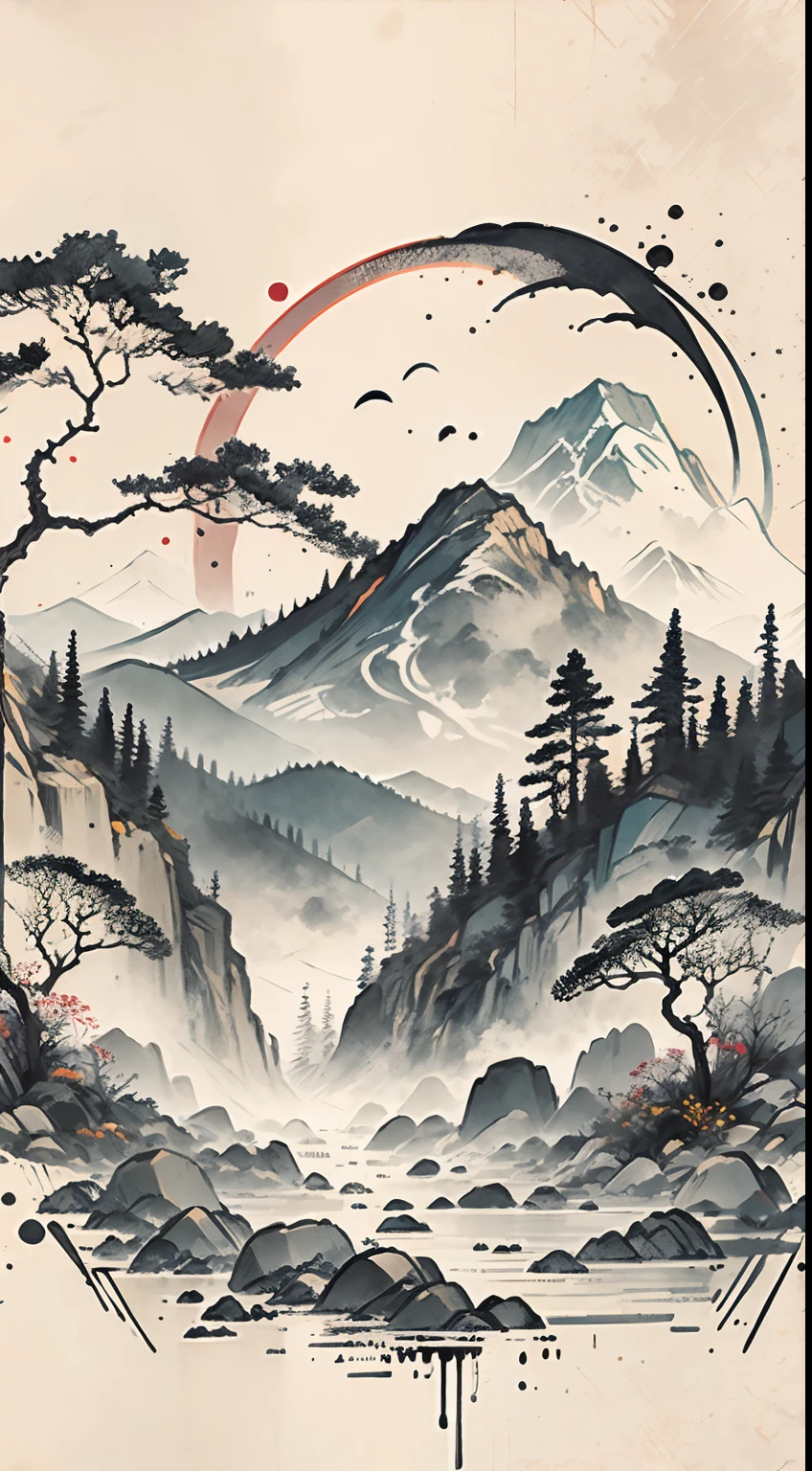 (Masterpiece, best quality: 1.2), (No_Humans), mountains in the distance, traditional Chinese ink painting, houses, tombstones, meadows, rainbow effects