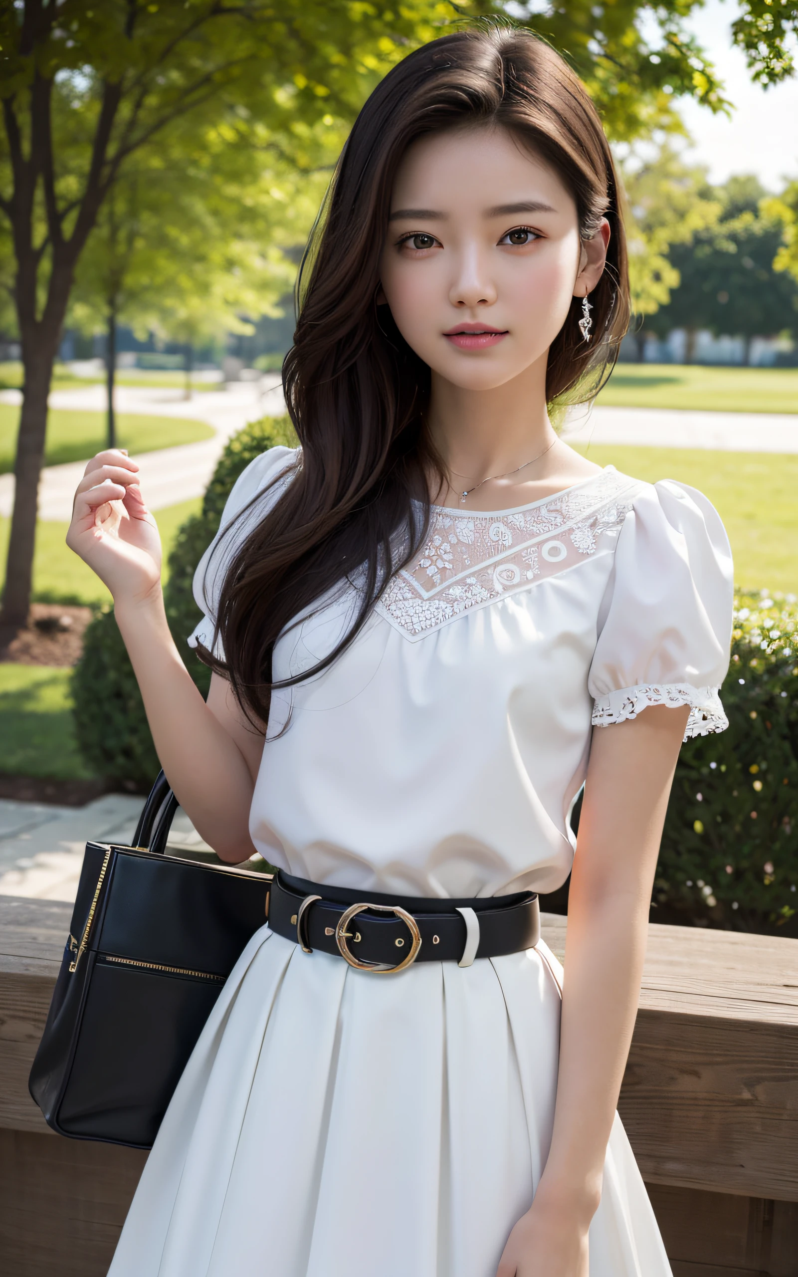 masterpiece, top-quality, in 8K, Official art, Raw foto, beautiful a girl, cute face, White blouses, Teen, a park, cowboy shot, A smile, A hyper-realistic, hight resolution, a picture, skirt by the, film grains, chromatic abberation, foco nítido, face lights, Dynamic lighting, Cinematographic lighting, highestdetailed, Extreme details, ultra-detailliert, detaile, extremely detailed eye and face,