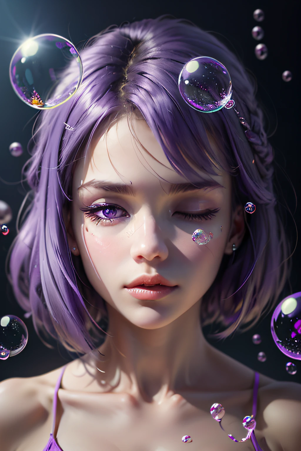 solo, 1girl, purple eyes, purple hair, bubble, looking at viewer, portrait, half-closed eyes, short hair, closed mouth,shiny bubbles,bubbles, colour shining in bubble, reflective bubbles,bubbles ,bubbles all around, turning into bubble
