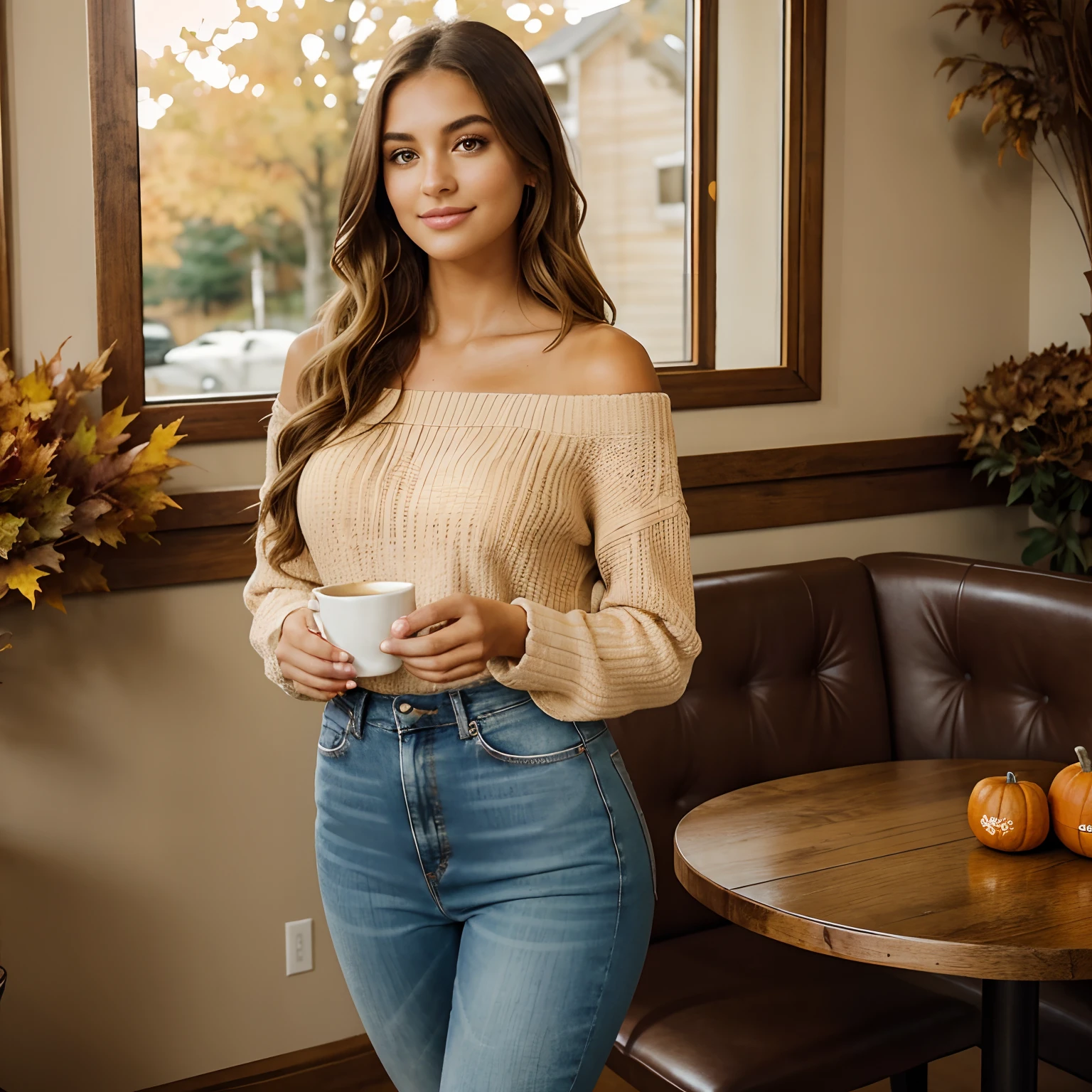 Generate captivating photographs of Autumn, the enchanting influencer, as she indulges in the seasonal delight of a pumpkin spice latte. Autumn, in her mid-20s, stands around 5'4" tall, with long, wavy chestnut hair gracefully draping over her shoulders. Her athletic hourglass figure, elegantly accentuated by a full bust, pairs beautifully with her flawless, sun-kissed tan. Autumn's expressive brown eyes radiate charisma, mirroring her relaxed and confident demeanor.
Autumn's cozy chic ensemble perfectly captures the essence of the season. She wears an alluring off-the-shoulder sweater in an inviting color, showcasing her neckline and collarbone. Paired with snug-fitting, high-waisted jeans, this ensemble highlights her figure with sophistication.
The charming, rustic coffee shop setting immerses Autumn in the warmth of fall, adorned with autumnal decor that enhances the cozy ambiance. Soft, diffused lighting envelops her in a golden glow, creating an inviting atmosphere. The surroundings include cozy seating, rustic wooden tables, and the rich aroma of freshly brewed coffee, all capturing the essence of Autumn's delightful pumpkin spice latte experience.
In candid moments, Autumn enjoys her latte, lost in thought while gazing out of the window or sharing a bright smile. The photos capture the coziness and tranquility of the coffee shop, reflecting the simple joy of sipping a warm, whipped cream and cinnamon-topped beverage. Natural lighting enhances the inviting atmosphere, bringing to life the essence of Autumn's heartwarming coffee moments.
With intense makeup, a cozy atmosphere, and features that are meticulously symmetrical, the photos embrace photorealistic techniques like path tracing, specular lighting, volumetric face light, path-traced hair, visible shadows, and intricate details. This creates an elaborate and hyper-realistic portrayal of Autumn's heartwarming pumpkin spice latte moments.