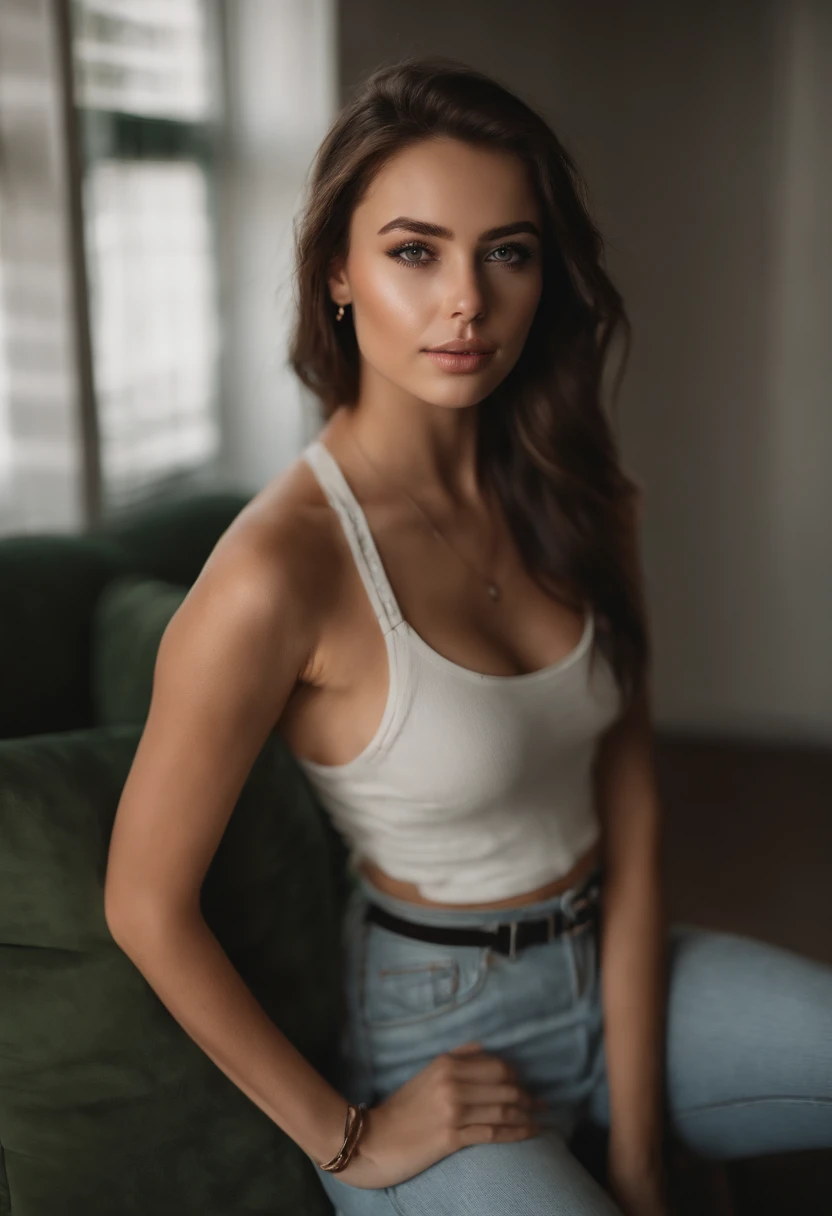 arafed woman with a white tank top and a necklace, sexy girl with green eyes, portrait sophie mudd, brown hair and large eyes, selfie of a young woman, bedroom eyes, violet myers, without makeup, natural makeup, looking directly at the camera, face with artgram, subtle makeup, stunning full body shot, piercing green eyes, beautiful angle, attractive pose, cute girl, sexy pose, full body picture, full body, full body shoot, brunette goddess, high detail, satisfied pose, leather pants