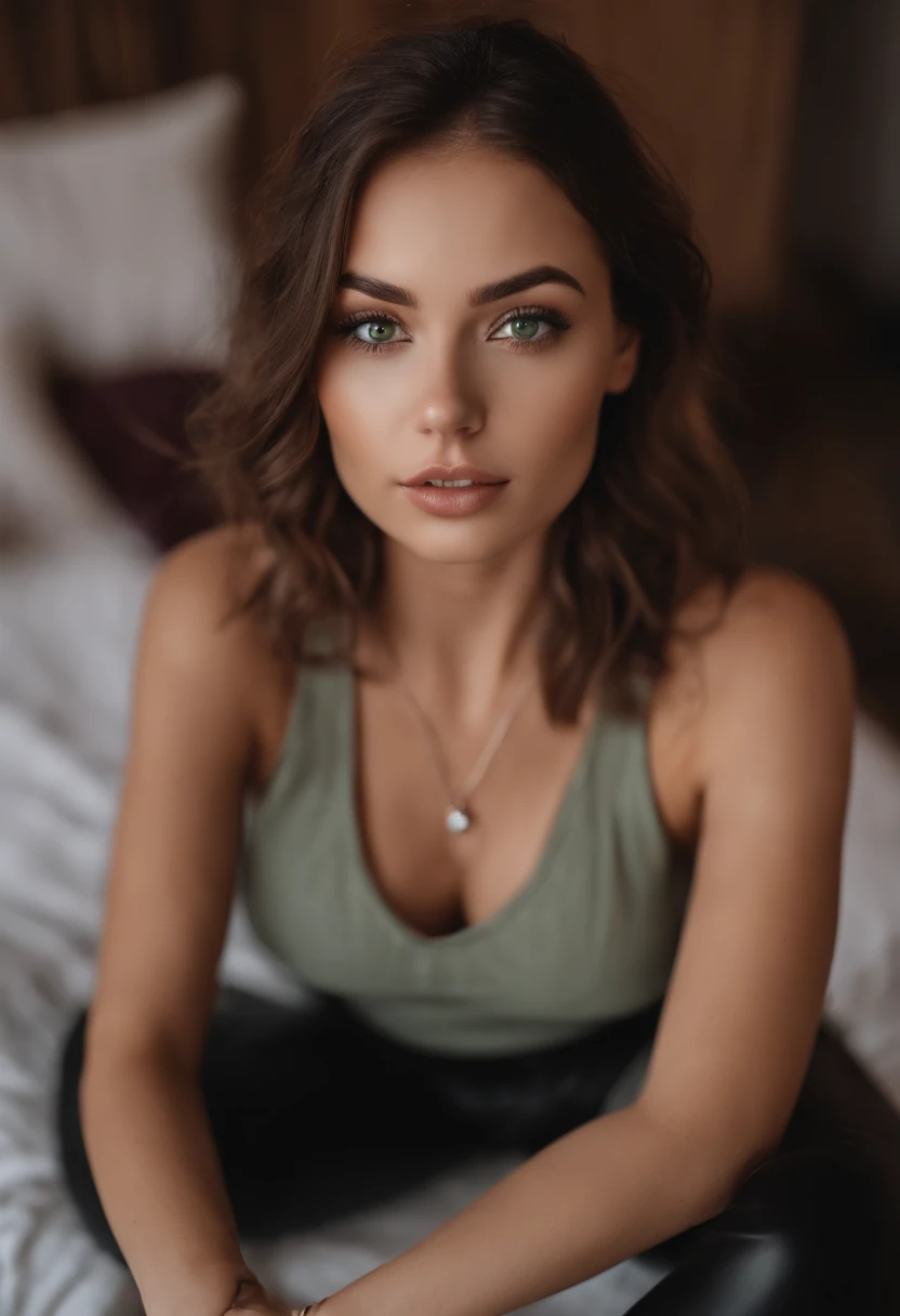 arafed woman with a white tank top and a necklace, sexy girl with green eyes, portrait sophie mudd, brown hair and large eyes, selfie of a young woman, bedroom eyes, violet myers, without makeup, natural makeup, looking directly at the camera, face with artgram, subtle makeup, stunning full body shot, piercing green eyes, beautiful angle, attractive pose, cute girl, sexy pose, full body picture, full body, full body shoot, brunette goddess, high detail, satisfied pose, leather pants