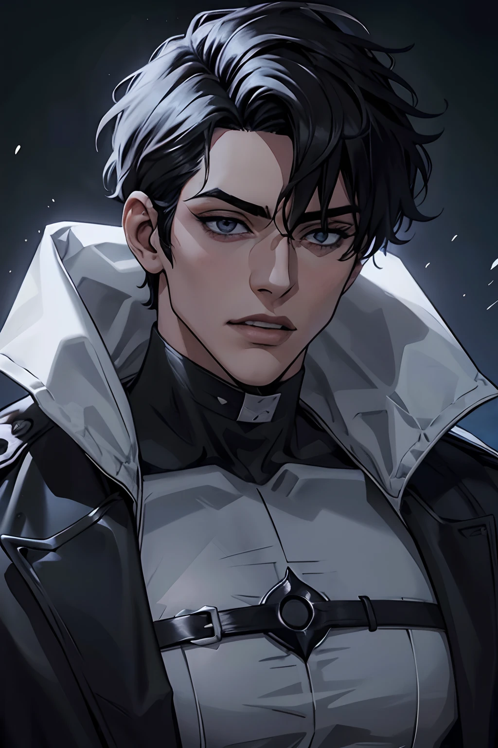Manhwa Arte Europeo, 25 years old man, Pelo desordenado de la cabecera, Cabello negro azabache, ojos penetrantes, cejas gruesas, Llevar disfraz de vampiro, ojos amarillos, orejas punteagudas, colmillos salientes de su boca, sangre resbalando de su boca, amenazante, sexy, sensual, razor-sharp jawline, mirada penetrante, Cold and mysterious character, 8k, Detailed features, muy guapo