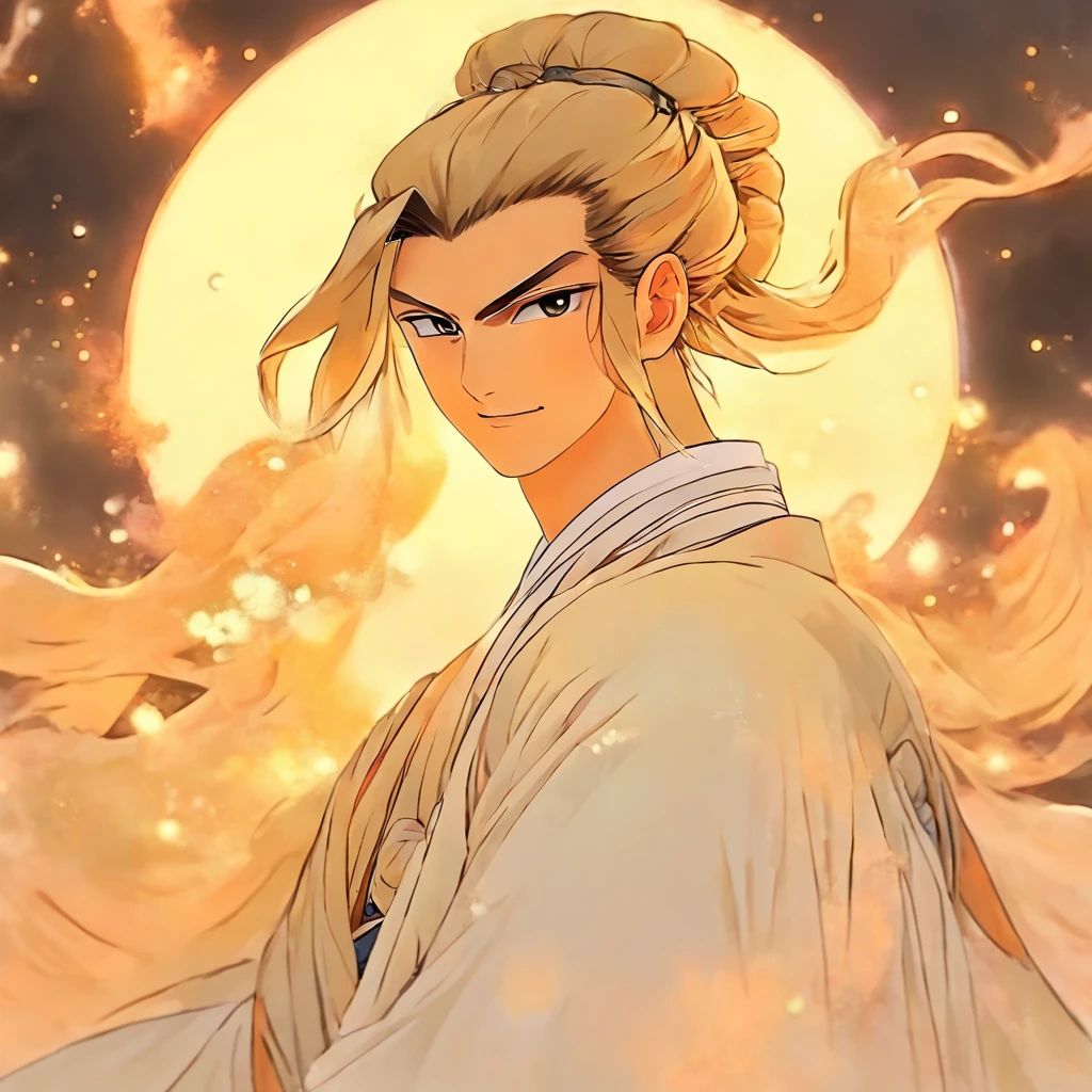 shoun，Young men，Man，White Hanfu，long  white hair，Long flowing hair，Wide robe with large sleeves，年轻，Young，Ancient wind，Solid color clothes，The clothes do not have any patterns，adolable，laughingly，softlighting，Flat painting style，aquarelle，water ink，Behind it is the full moon，low-saturation，low-contrast，big laughter，Pleasure，cold shades