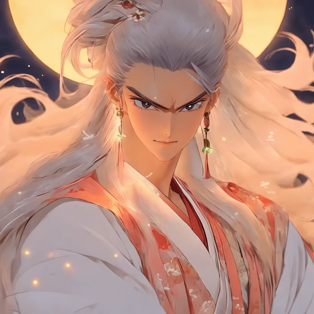 shoun，Young men，Man，White Hanfu，long  white hair，Long flowing hair，Wide robe with large sleeves，年轻，Young，Ancient wind，Solid color clothes，The clothes do not have any patterns，adolable，laughingly，softlighting，Flat painting style，aquarelle，water ink，Behind it is the full moon，low-saturation，low-contrast，big laughter，Pleasure，cold shades