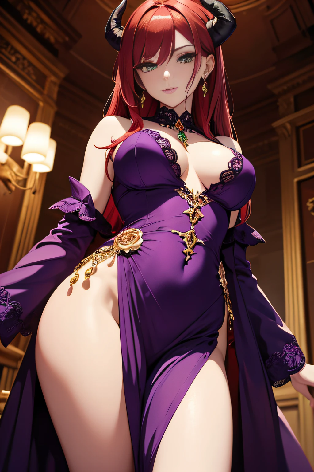 A demon woman with red hair and green eyes in a purple dress adorned with different golden jewels in a seductive posture