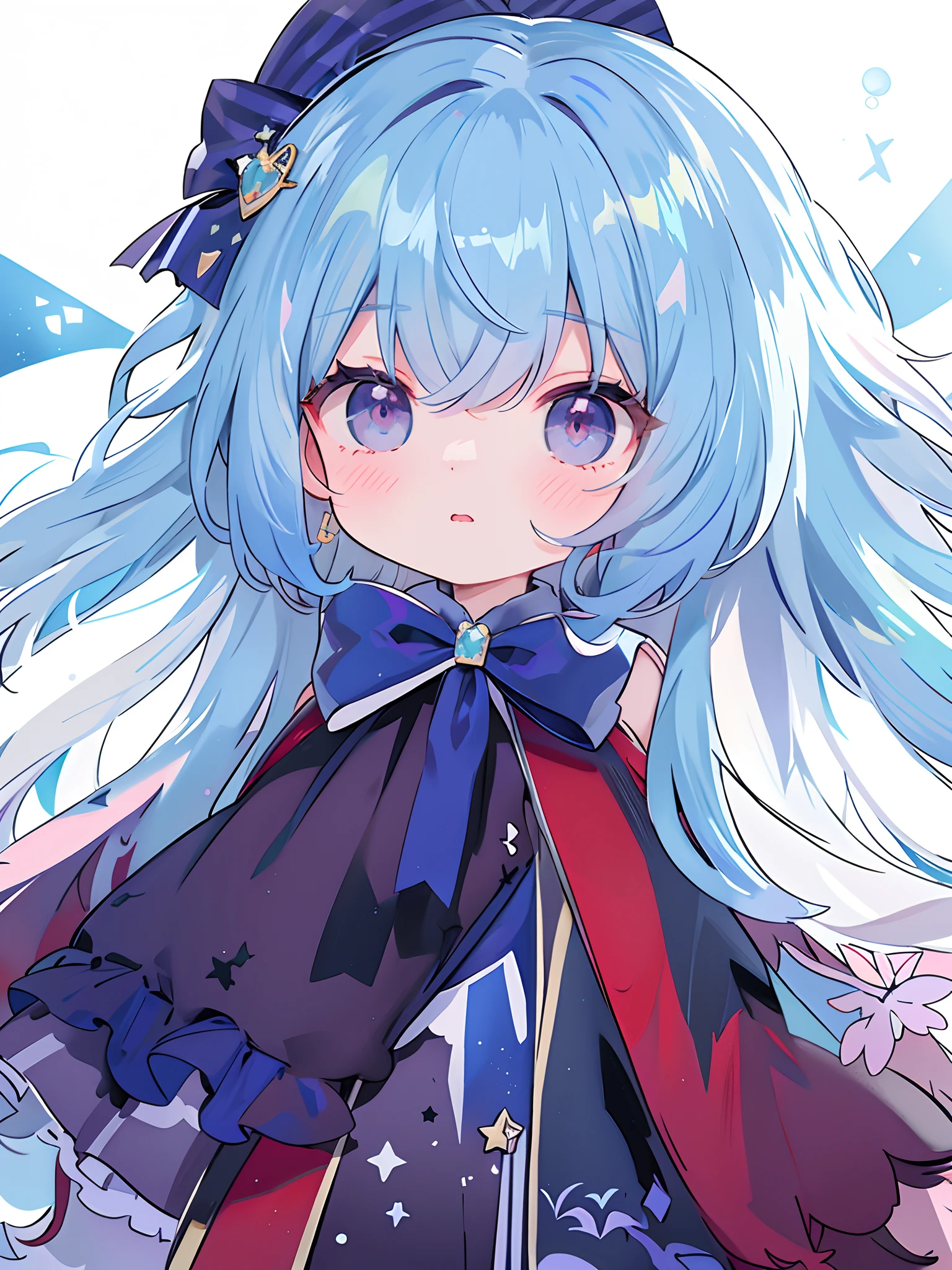 tmasterpiece, best qualityer, (marten:1.2), 1girll, dark red eye, light blue hair, hair adornments, Red and blue hairpins, 独奏, Single focus, Very long hair, long whitr hair, face to the viewer, Lori huge breasts cleavage, Delicate and beautiful, looking at viewert, Dark blue bow on the head, There is a white bow in front of the skirt, Blushlush, sportrait, Face focus, (The arms are behind the back), (vibrant with colors,vividness,rays of sunshine,warmly lit:1.2),(Wear a dark blue bow,It has red and purple stripes on it)