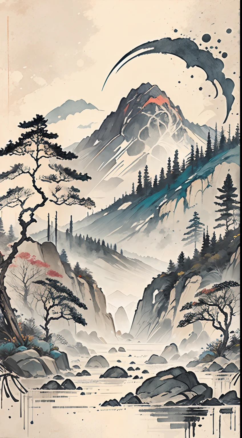 (Masterpiece, best quality: 1.2), (No_Humans), mountains in the distance, traditional Chinese ink painting, houses, tombstones, meadows, rainbow effects