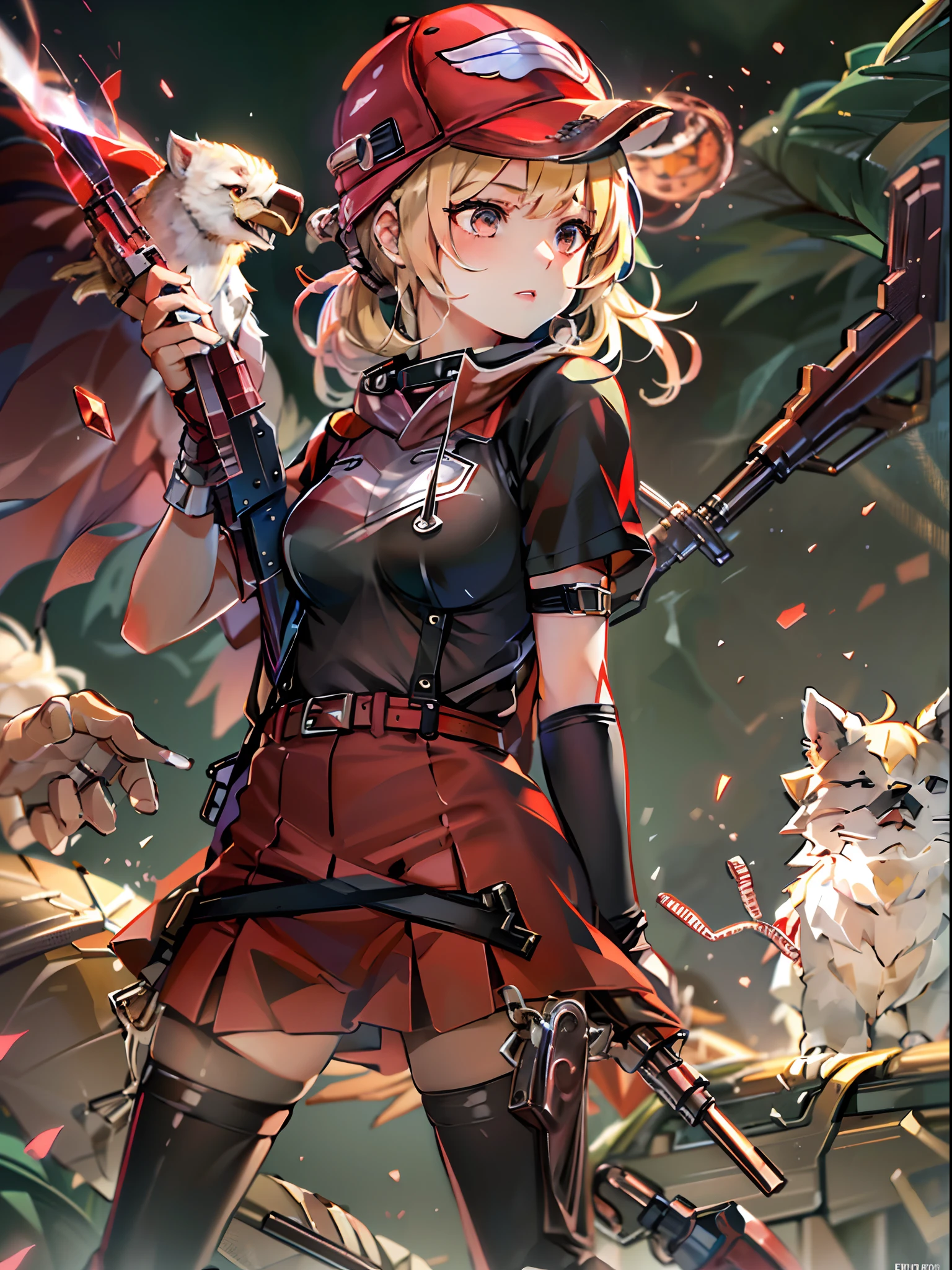 Best Quality, masutepiece, 超A high resolution, (Photorealistic:1.4), 1girl in, off shoulders, In the Dark, deepshadow, lowkey,Holding_gun,AK-47,assault_rifle,(aiming),(blonde hair, Wear a red cloak、Short ponytail, Cat's ears, no sleeves, Crimson Red Baseball Cap、Crimson Red Baseball Uniforms,"eagles"And printed),Solo, Cat's ears,crystallineAI