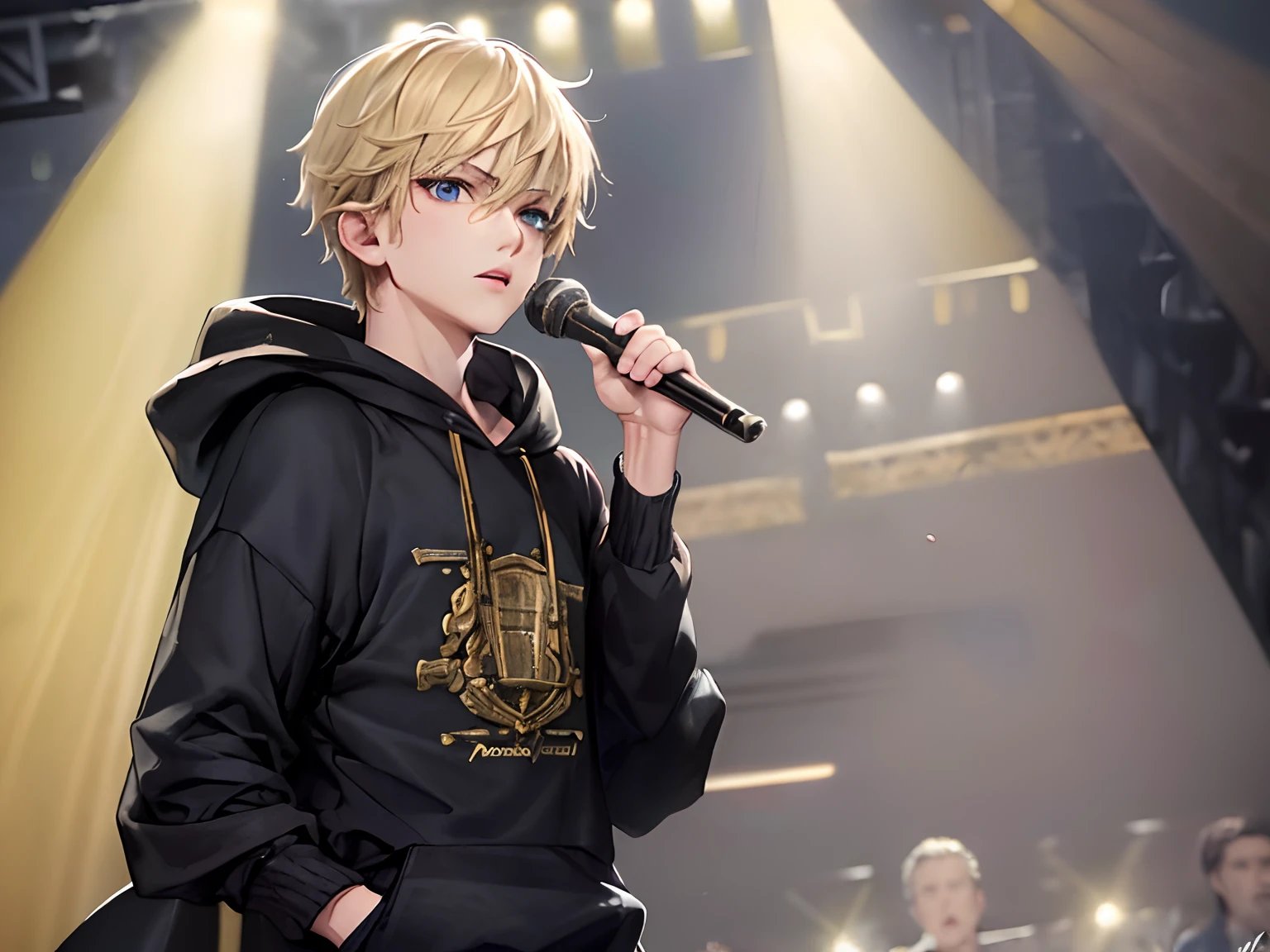 Beautiful young man, blond hair, black sleeveless hoodie, black headband across forehead, playful expression, looking at camera, microphone in one hand, stage background, green stage lights, gradient background,high quality, amount of drawing, pixiv illustration