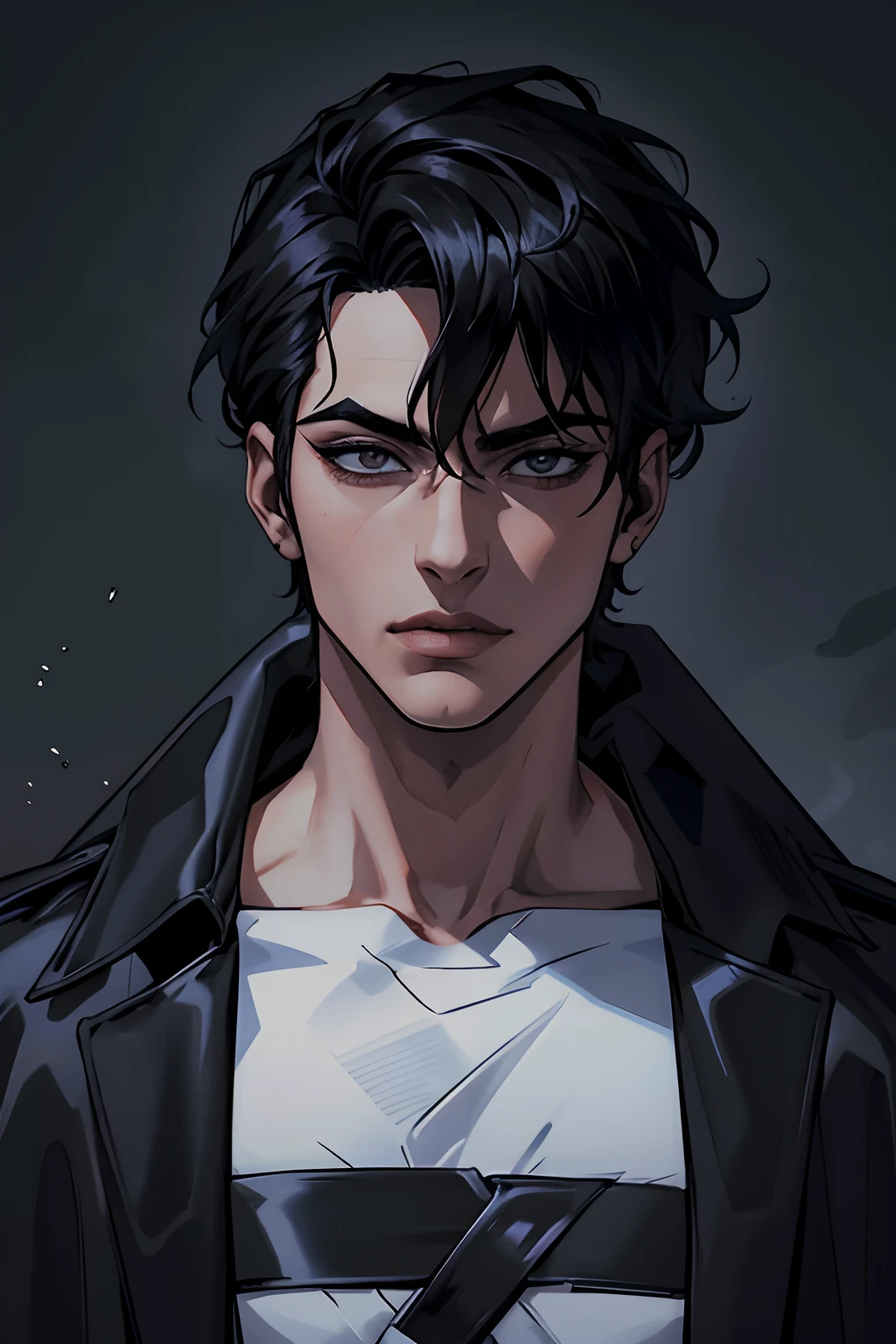 Manhwa Arte Europeo, 25 years old man, Pelo desordenado de la cabecera, Cabello negro azabache, ojos penetrantes, cejas gruesas, Llevar disfraz de vampiro, ojos amarillos, orejas punteagudas, colmillos salientes de su boca, sangre resbalando de su boca, amenazante, sexy, sensual, razor-sharp jawline, mirada penetrante, Cold and mysterious character, 8k, Detailed features, muy guapo
