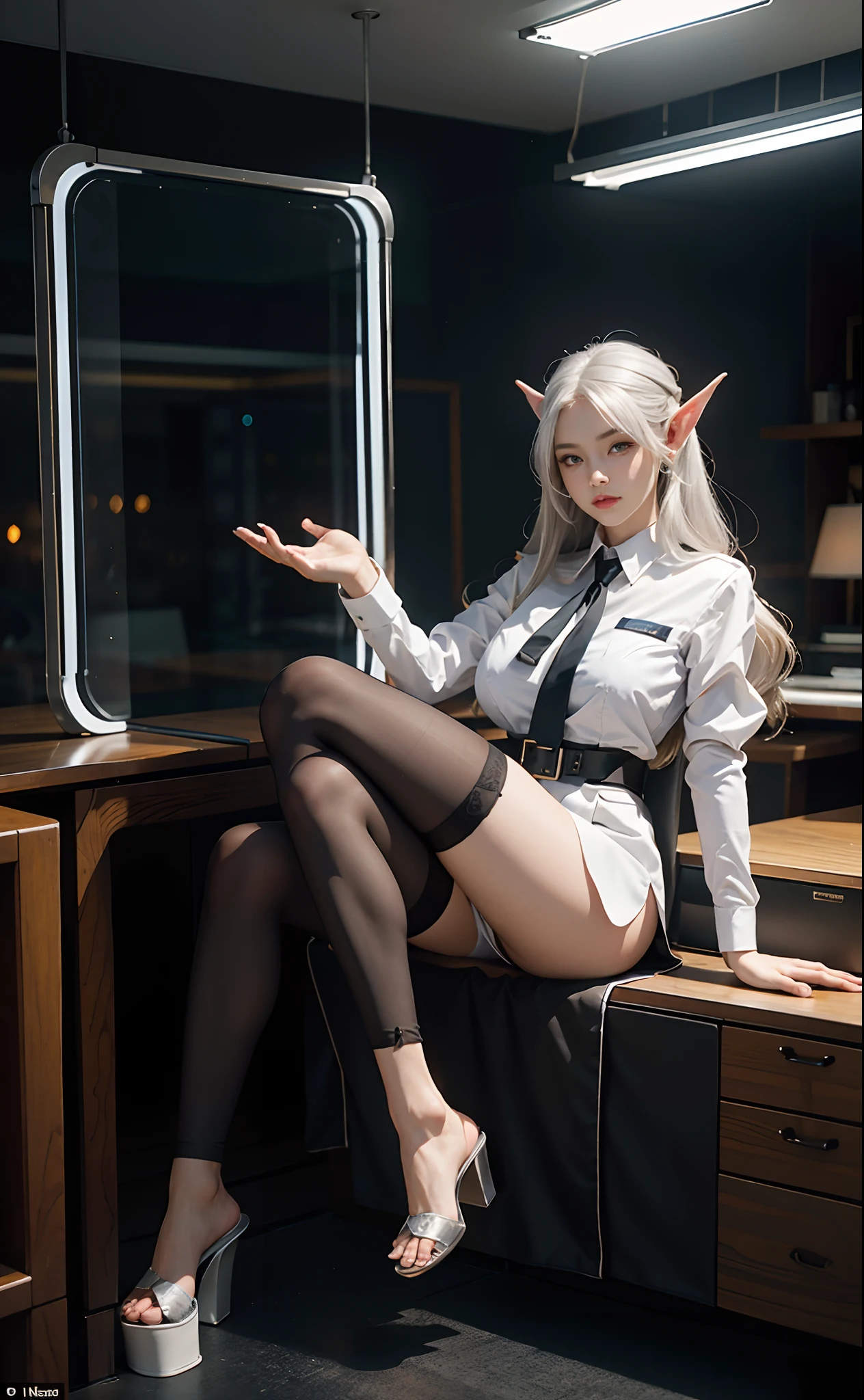 （Extremely normal body:2.0）office room：1 Elf beauty，flightattendantuniform，(ears of elf)，Short silver-white hair，flightattendantuniform)，Black short stockings，Black socks, Black socks，Translucent black socks，Platform heeled sandals，Normal feet ， very detailed eyes and faces， Sharp pupils， realistic pupil， tack sharp focus， cinmatic lighting，full bodyesbian，Bigboobs，long leges，From the front side，dynamicposes，Normal posture，closeup of face