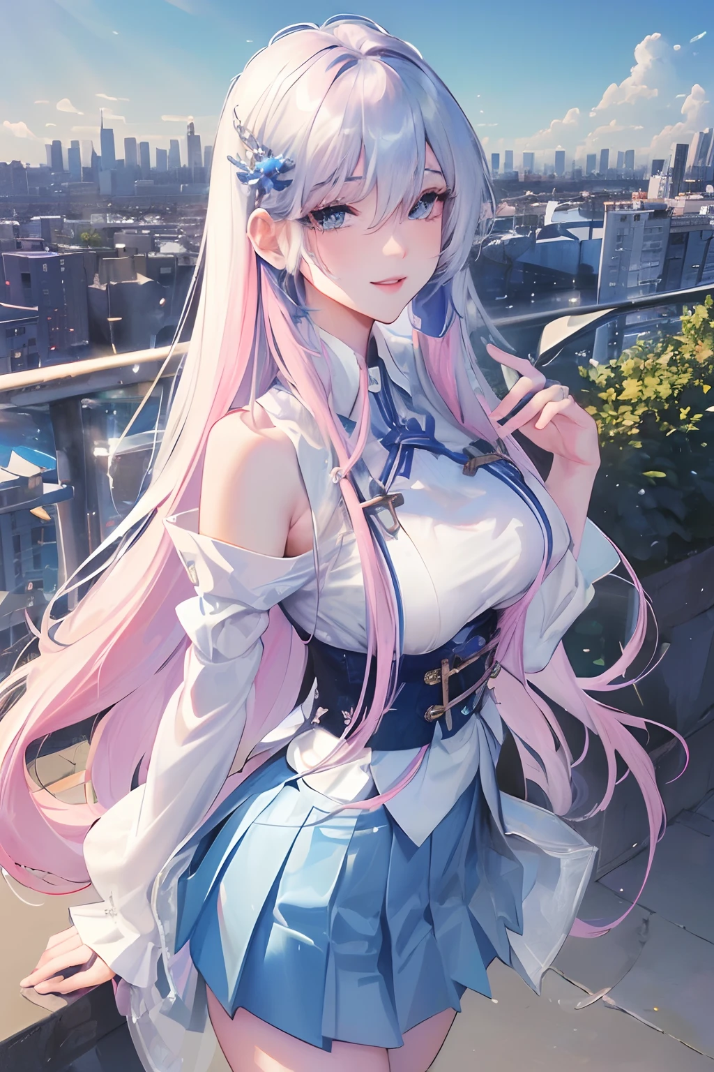 official art, masterpiece, sharp focus, (beautiful gorgeous cute Korean woman:1.3), (beautiful cute korean:1.3), korean beauty, Delicate and beautiful hair and eyes and face, realistic, ultra detailed, beautiful girl, blue sky, glow white particle, (sidelighting:1.2), sun light, white cloud, detailed clouds, slender, Lovely very large breasts and very large hips, smile with teeth, ((smile with eyes, open both eyes)), scenery, long straight hair, sexy facial expression, building, (cityscape:1.7), dynamic hair, long straight hair, detailed platinum pink hair, glow blue eyes, (blue pleated shirts + white skirt), white long socks, pale skin, hair ornament, epic scenery,having sex,big dick