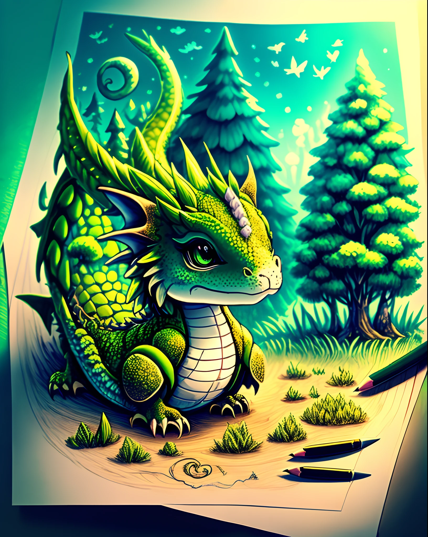 Draw a small friendly dragon in a magical forest.