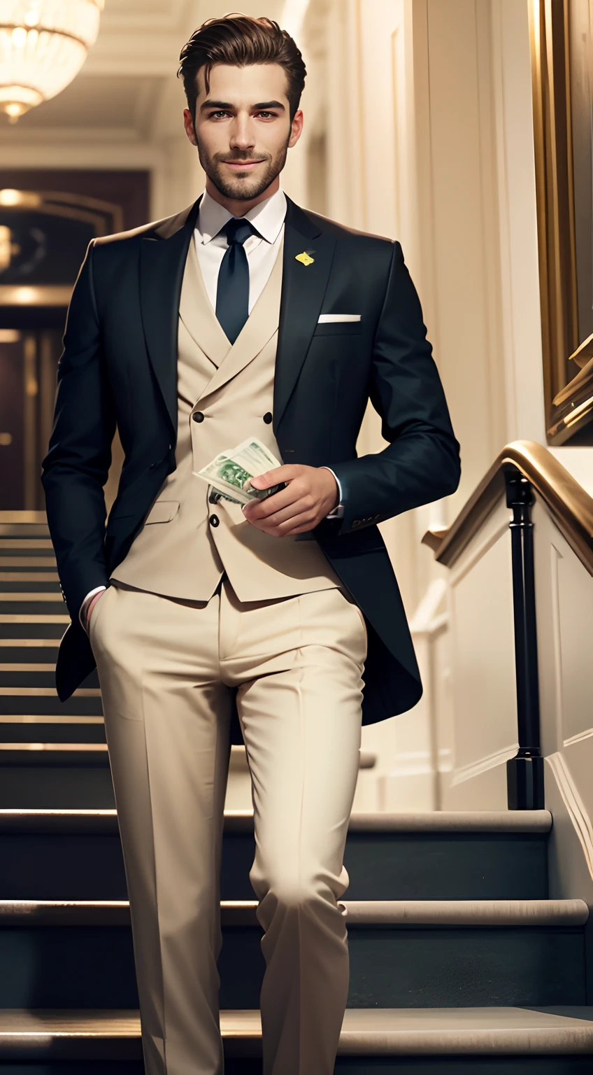 Holding a dollar bill in his hand