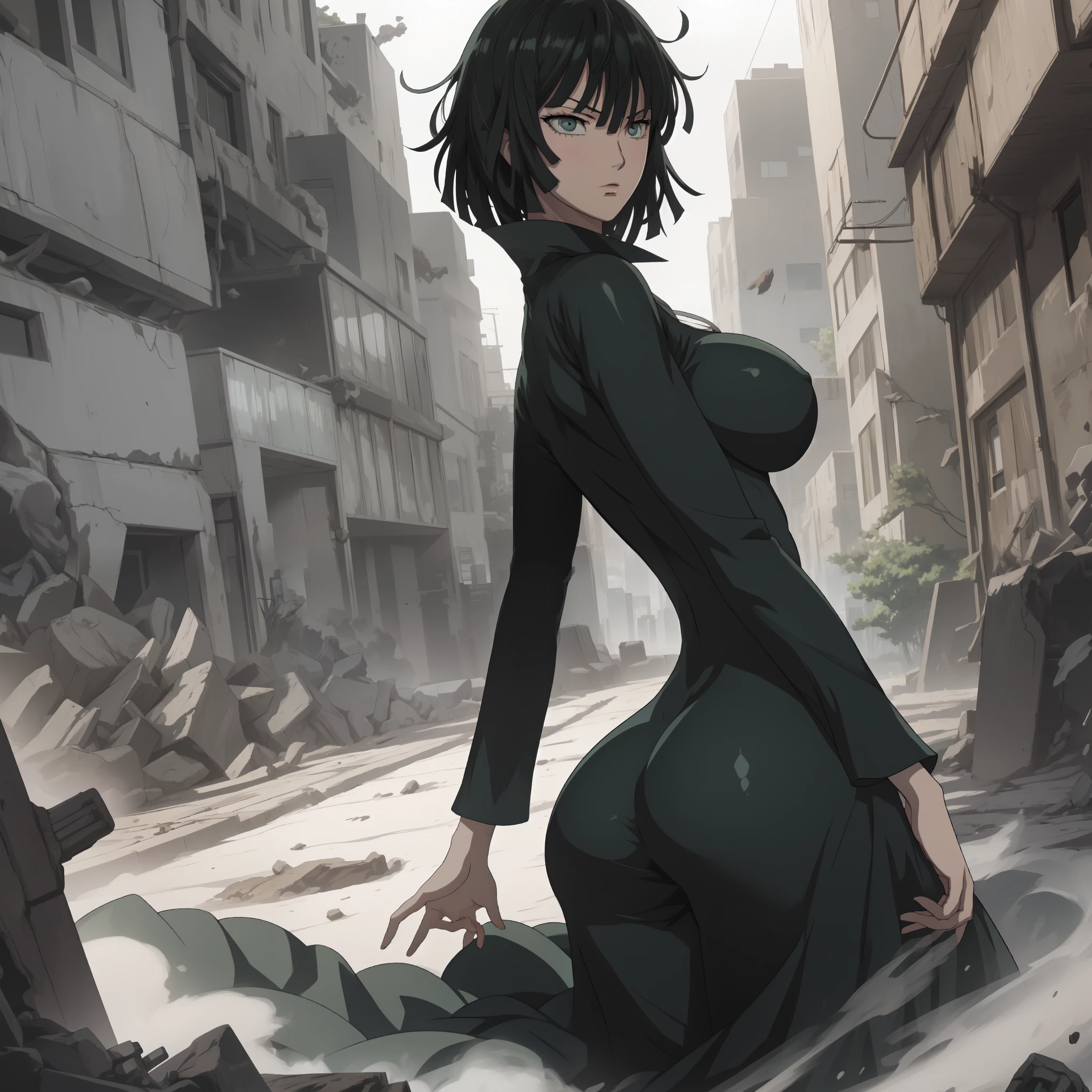 Anime art style, Fubuki from one punch man, green hair, white skin, wearing V-neck dress, standing on destroyed city, cinematic lights, blushing cheeks, big breast, big booty, NSFW, back view.