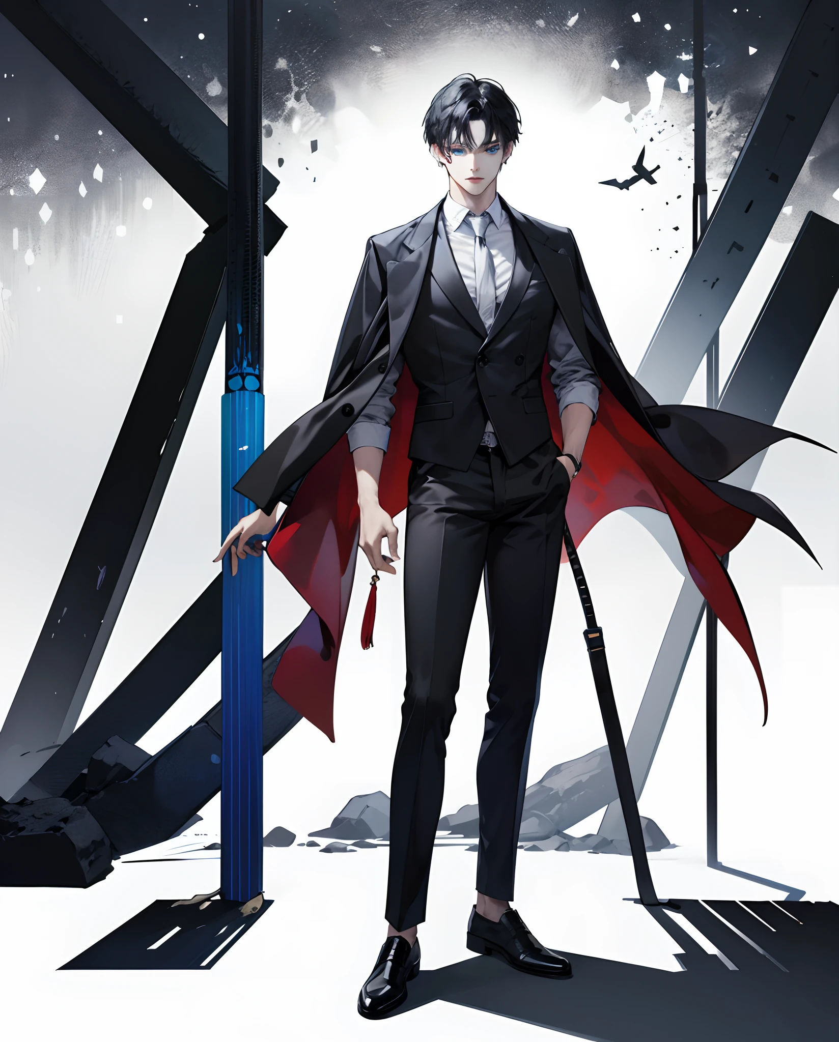 moody、eye glass、Black hair, 180 cm tall and thin macho、Bad eyes、Full body image of a sober man with blue eyes