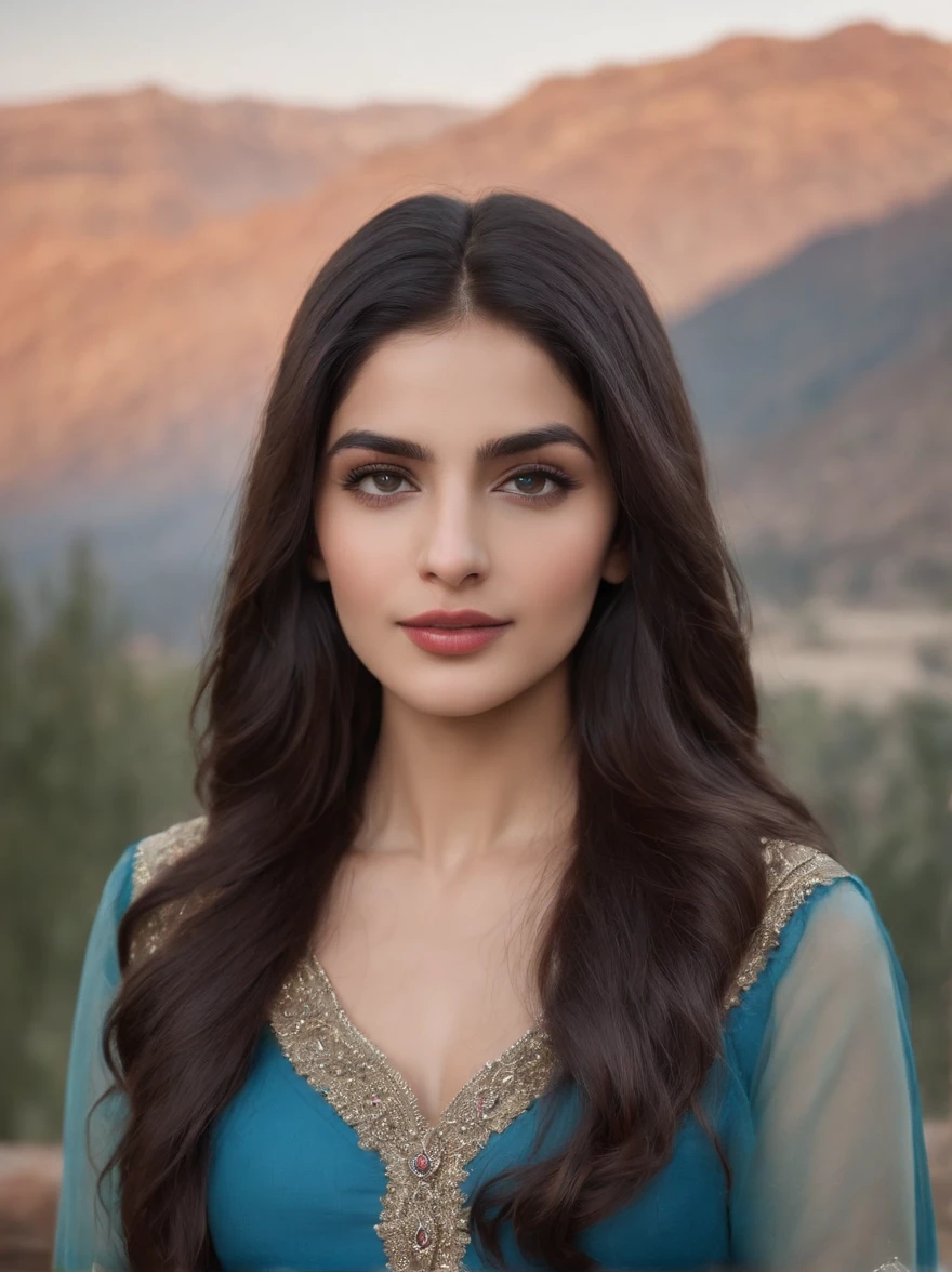 "A photorealistic portrait of a 20-year-old pakistani muslim girl with long, white skin flowing black hair and striking blue eyes .looking at camera Wearing red gown. She should have a natural, approachable expression and be illuminated by soft . The background should be a scenic outdoor setting, mountains with some snow . Capture this image with a high-resolution photograph using an 85mm f1.8 lens for a flattering perspective."