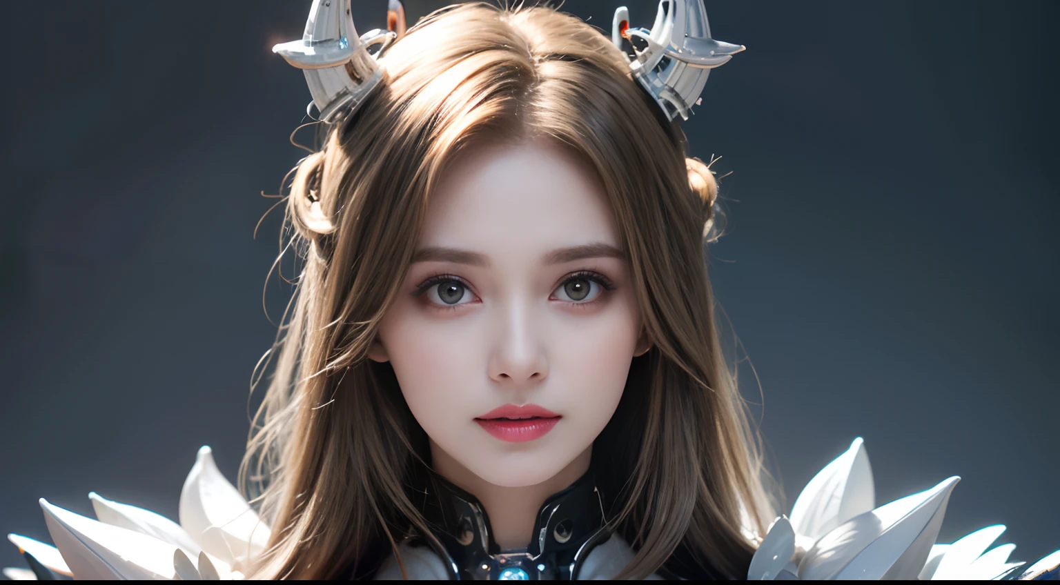 A close-up head and chest portrait of a pretty and cute woman, her chest adorned with pneumatic tubes that give her a unique and futuristic appearance. The highly detailed digital rendering captures every aspect of her beauty, from her delicate features to the intricate tubes.