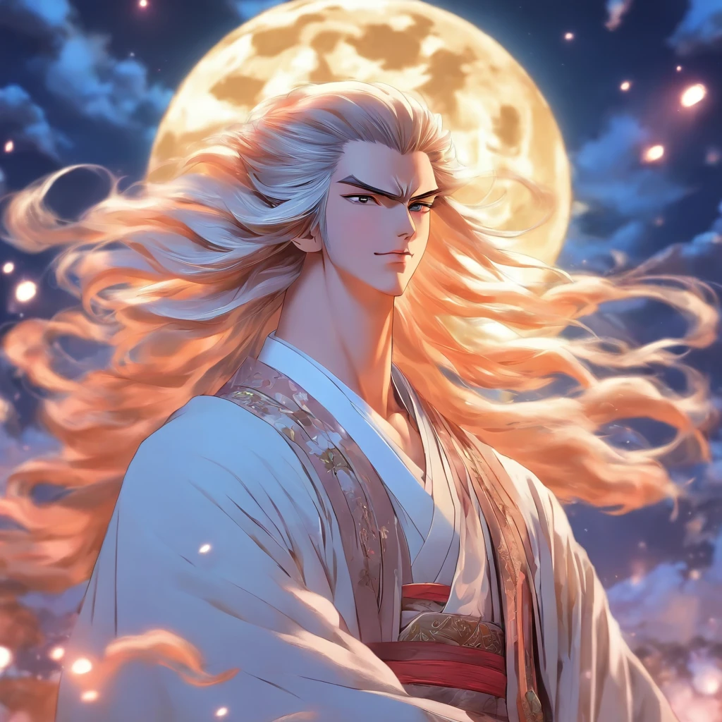 shoun，Young men，Man，White Hanfu，long  white hair，Long flowing hair，Wide robe with large sleeves，年轻，Young，Ancient wind，Solid color clothes，The clothes do not have any patterns，adolable，laughingly，softlighting，Behind it is the full moon，