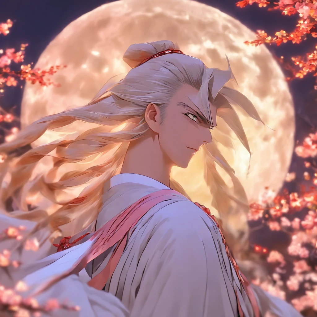 shoun,Young men,Man,White Hanfu,long white hair,Long flowing hair,Wide robe with large sleeves,年轻,Young,Ancient wind,Solid color clothes,The clothes do not have any patterns,adolable,laughingly,softlighting,Behind it is the full moon,