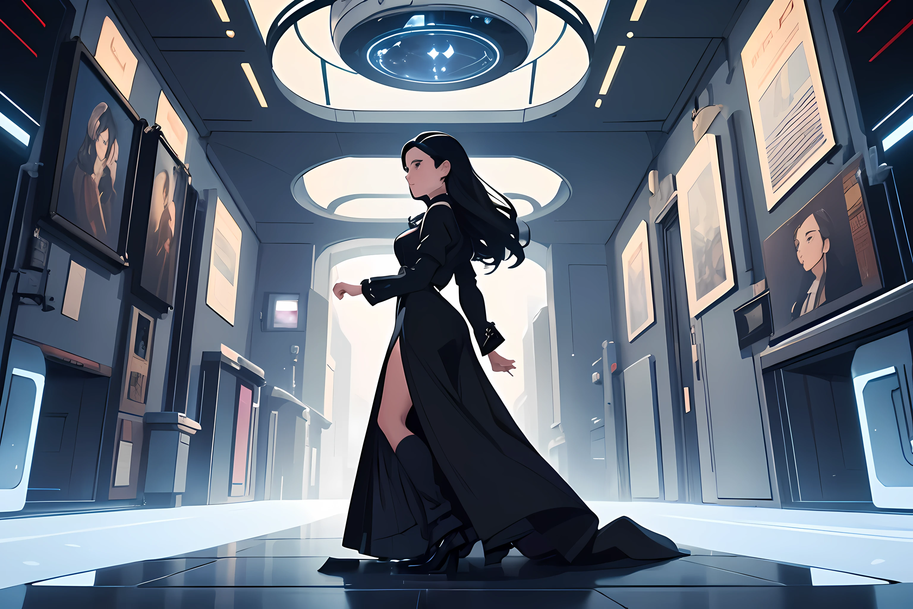 beautiful and asethetic, masterpiece, movie poster, best quality, drawing of a of a wide shot of a friendly long black haired woman with a high collared black long sleeved victorian dress, walking curiously through a sci-fi space station corridor, dynamic pose, abstract, by james jean style, fantastical elements