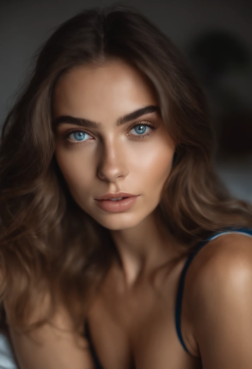 Mujer con camiseta sin mangas y bragas a juego, Chica sexy con ojos azules, Retrato Sophie Mudd, Retrato de Corinna Kopf, cabello rubio y ojos grandes, Selfie de una mujer joven, Ojos en el dormitorio, Violeta Myers, ohne Maquillaje, Maquillaje natural, staring directly into camera, Cara con Artgram, dezentes Maquillaje, Impresionante foto de cuerpo completo, en el dormitorio, Fission