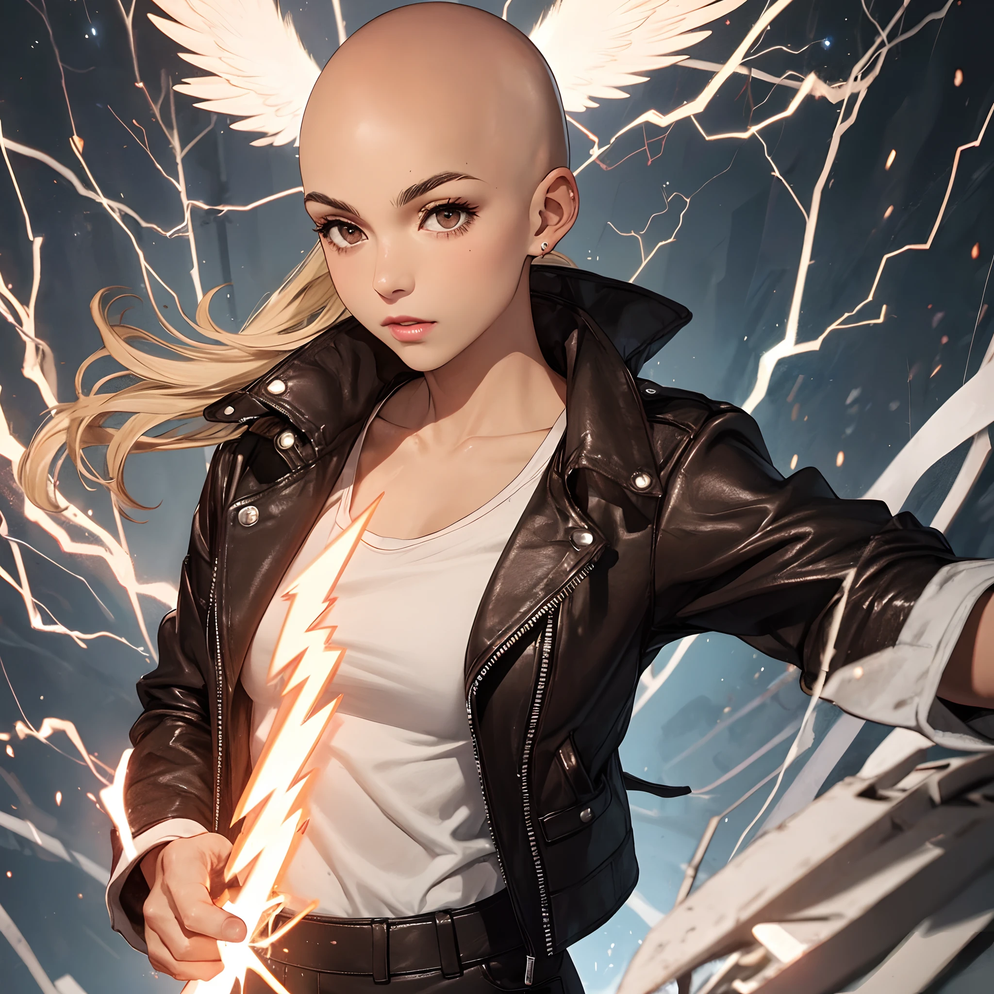 electrician, angel, magnificent, lightning in hand, big brown eyes, bald, leather jacket