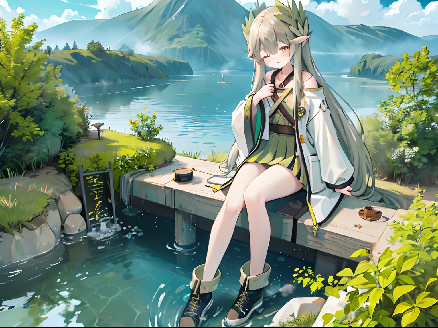 mumu, 1girl, solo, Close one eye,, full bodyesbian, Manteau, a skirt, longer sleeves, boots, Black shoes, Open your clothes, Open coat, Black dress, looking at viewert, White coat, ssmile,Clouds, ln the forest,mountain ranges,koyama, Small lake,Masterpiece, Best quality, Highly detailed,Masterpiece,Best quality,offcial art,Extremely detailed Cg Unity 8K wallpaper,{{{Giantess}}},Giant,1girll,Miniature village,Destroyed villages,without wearing shoes,smiling expression,Sitting in the forest ,Soak your feet in the lake,The lake water emits steam,