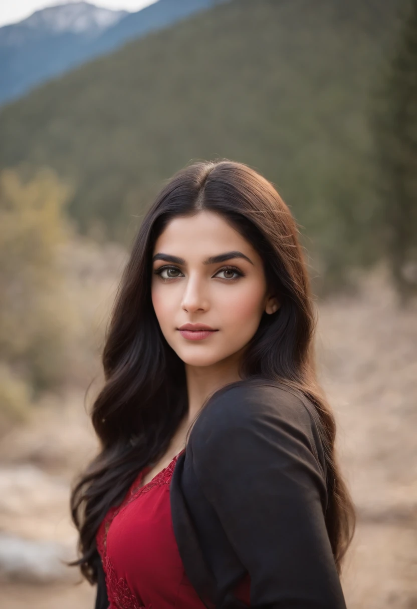 "A photorealistic portrait of a 20-year-old pakistani muslim girl with long, white skin flowing black hair and striking blue eyes .looking at camera Wearing red gown. She should have a natural, approachable expression and be illuminated by soft . The background should be a scenic outdoor setting, mountains with some snow . Capture this image with a high-resolution photograph using an 85mm f1.8 lens for a flattering perspective."