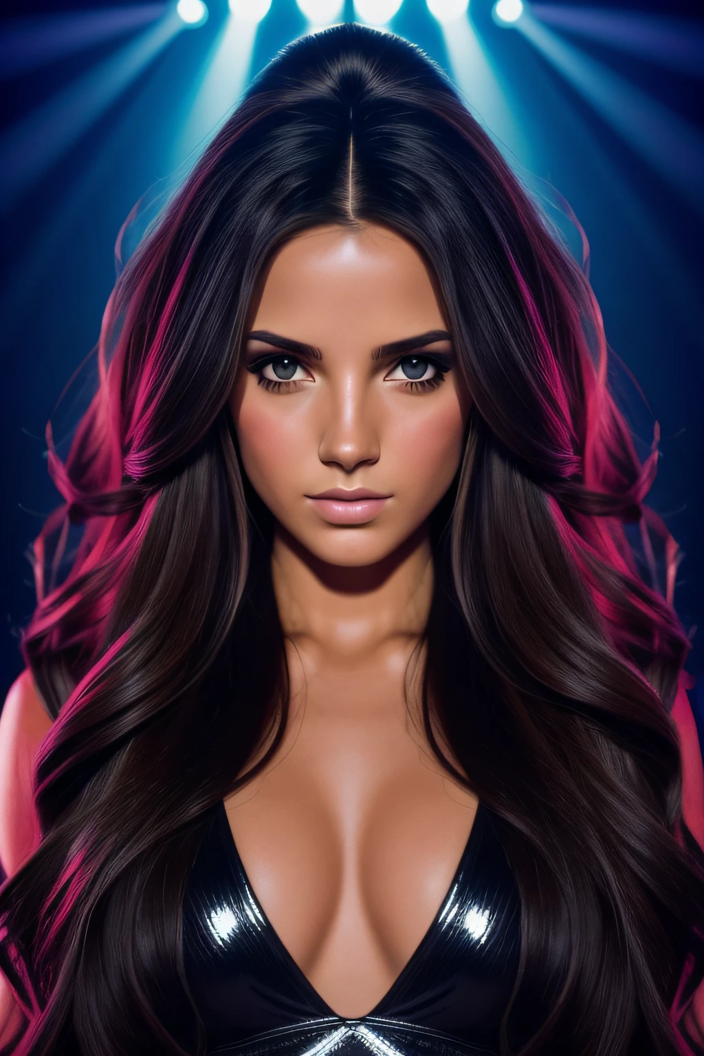 Photograph of a beautiful girl, porter une tenue disco sexy, long hair on one side, buste lourd 36DD, Look into the camera, eyes symmetrical, symmetrical face, photoreallistic, photographie, in a nightclub, specular lighting, Volumetric facial light, Hair path, Ombres visibles, complexe, elaborate