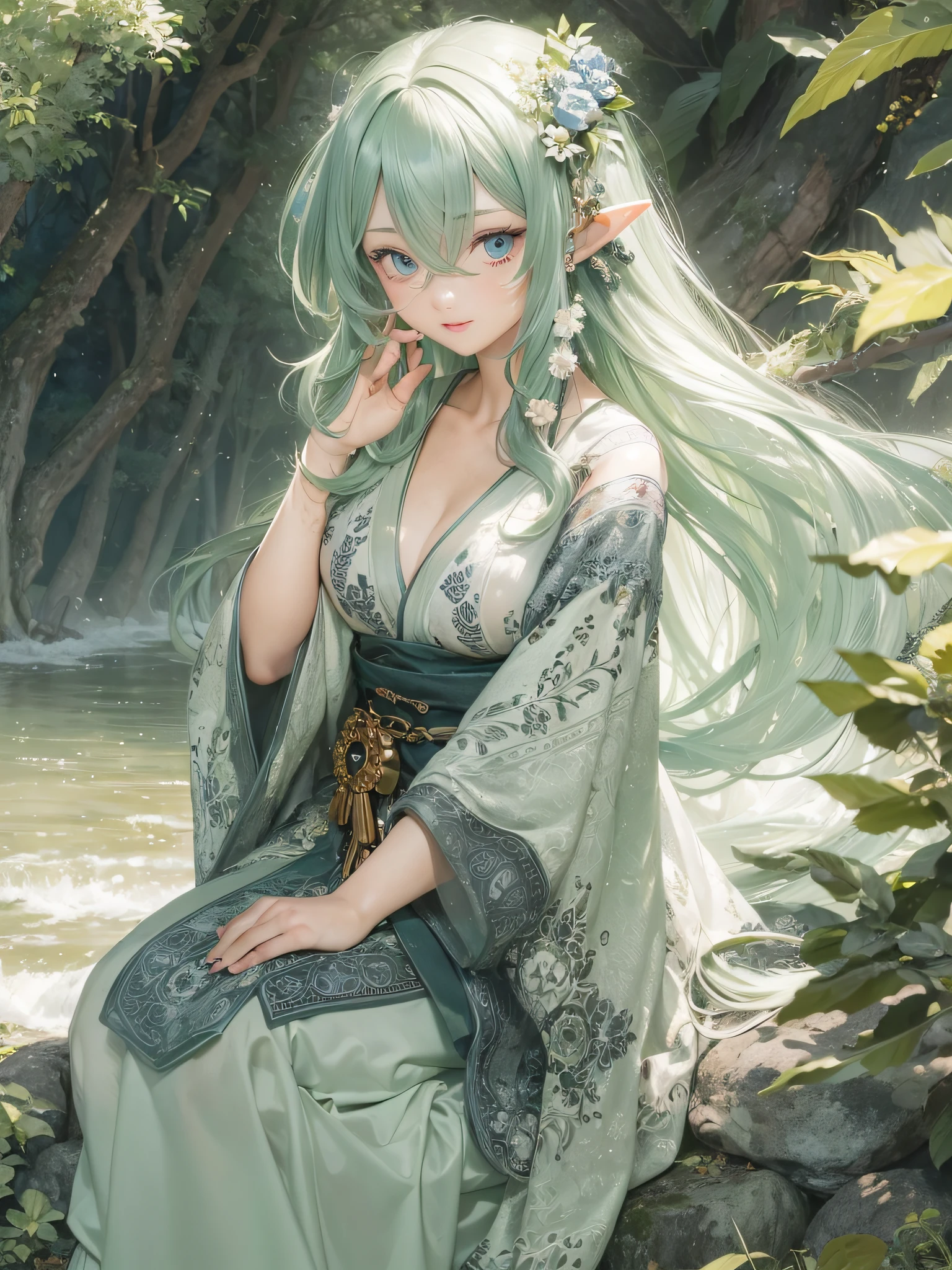 ((masterpiece ,best quality ,detailed)), 4k, higres, 1lady, anime style, elf, detailed eye, mature face, wavy long hair, soft green hair, solo, front view, medium breast, upper body, fantasy, nature, field, forest, extra sized body, white kimono, shirt off shoulder, bare shoulder, windy, hair float, (( sitting on stone, erotic pose)), dynamic angle