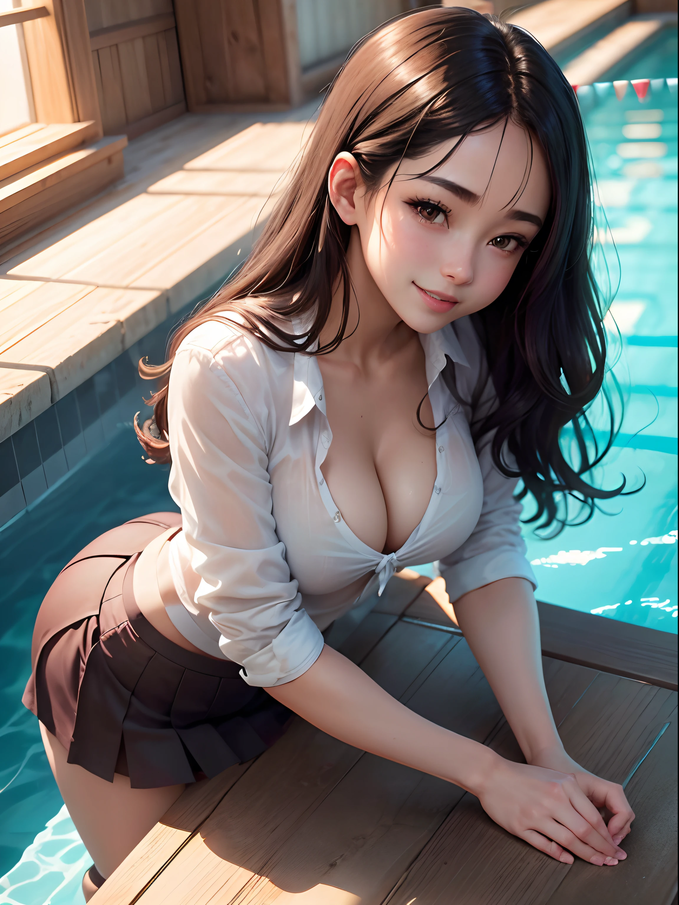 1Woman of Man、top-quality、超A high resolution、Raw photo、(Authentic skin texture:1.3)、Colossal tits、breastsout、Wavy black hair、Picture-perfect face、Professional artwork、((Perfect female body))、Beautiful expression、beauitful face、Seductive look、beautidful eyes、pink colored shirt、skirt by the、Female School Uniform、thighs thighs thighs thighs、s ass、Turned、Show me your ass on all fours、(Show me your sloping buttocks)、upturned ass、Get on all fours with your big butt sticking out towards the viewer、(Immersive atmosphere、Chiaroscuro:1.5、brightened light:1.2、) 、(red blush:0.5)、realisitic:1.3、longshot、(ambient lights:1.3)、Dive into the school pool、Amazing smile、Cute smile、Laughing
