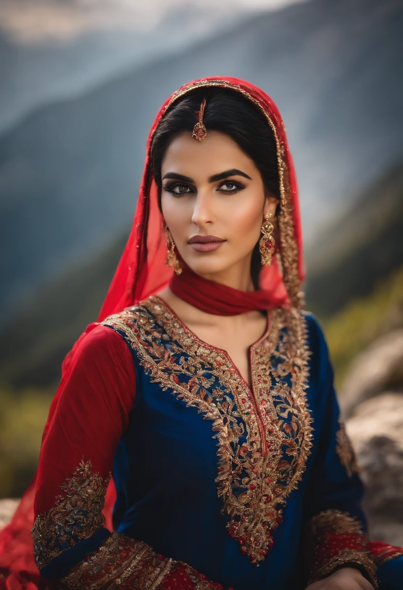 "A photorealistic portrait of a 20-year-old pakistani muslim girl with long, white skin flowing black hair and striking blue eyes .looking at camera Wearing red gown. She should have a natural, approachable expression and be illuminated by soft . The background should be a scenic outdoor setting, mountains with some snow . Capture this image with a high-resolution photograph using an 85mm f1.8 lens for a flattering perspective."