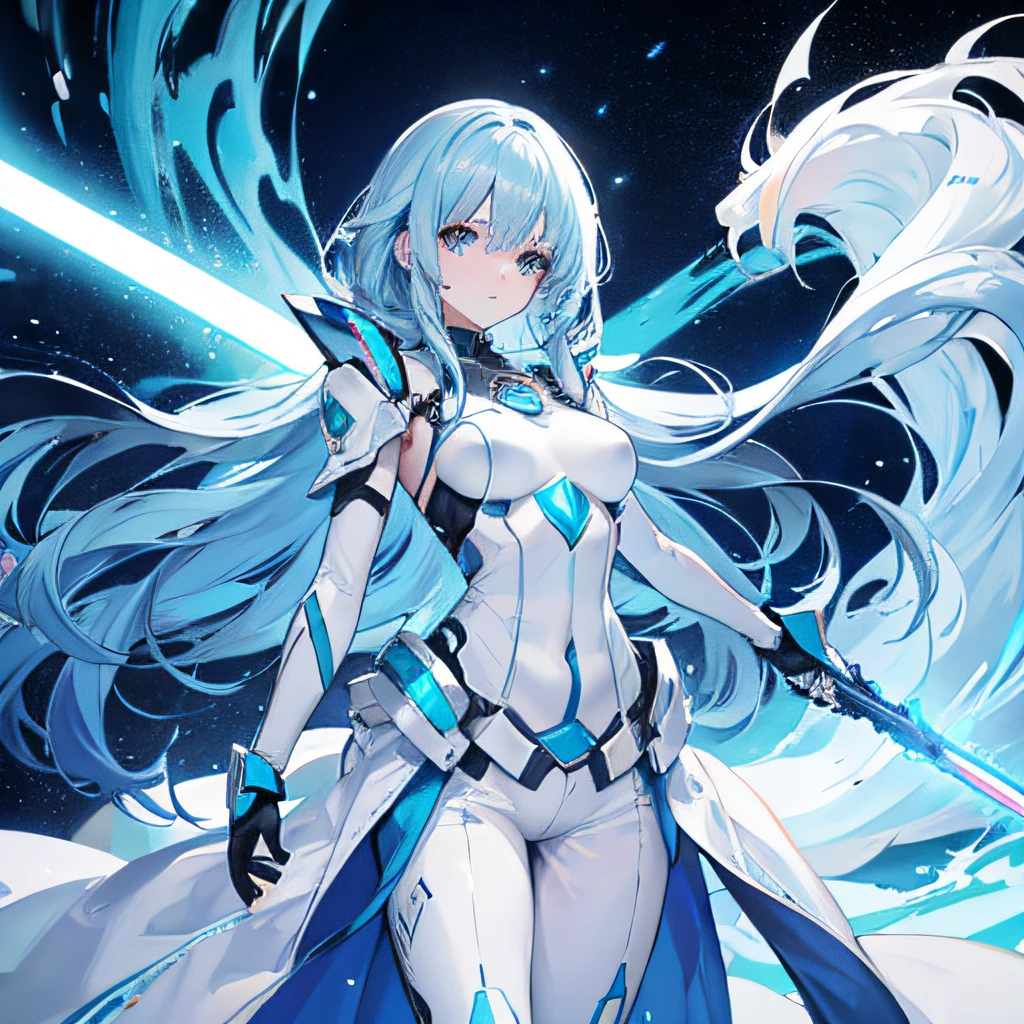 Cold girl White pupils Aqua blue hair Long hair Cold expression ，white  clothes，Wearing high-tech armor，shorter pants，Does not show the chest，Science fiction elements，holding laser swords