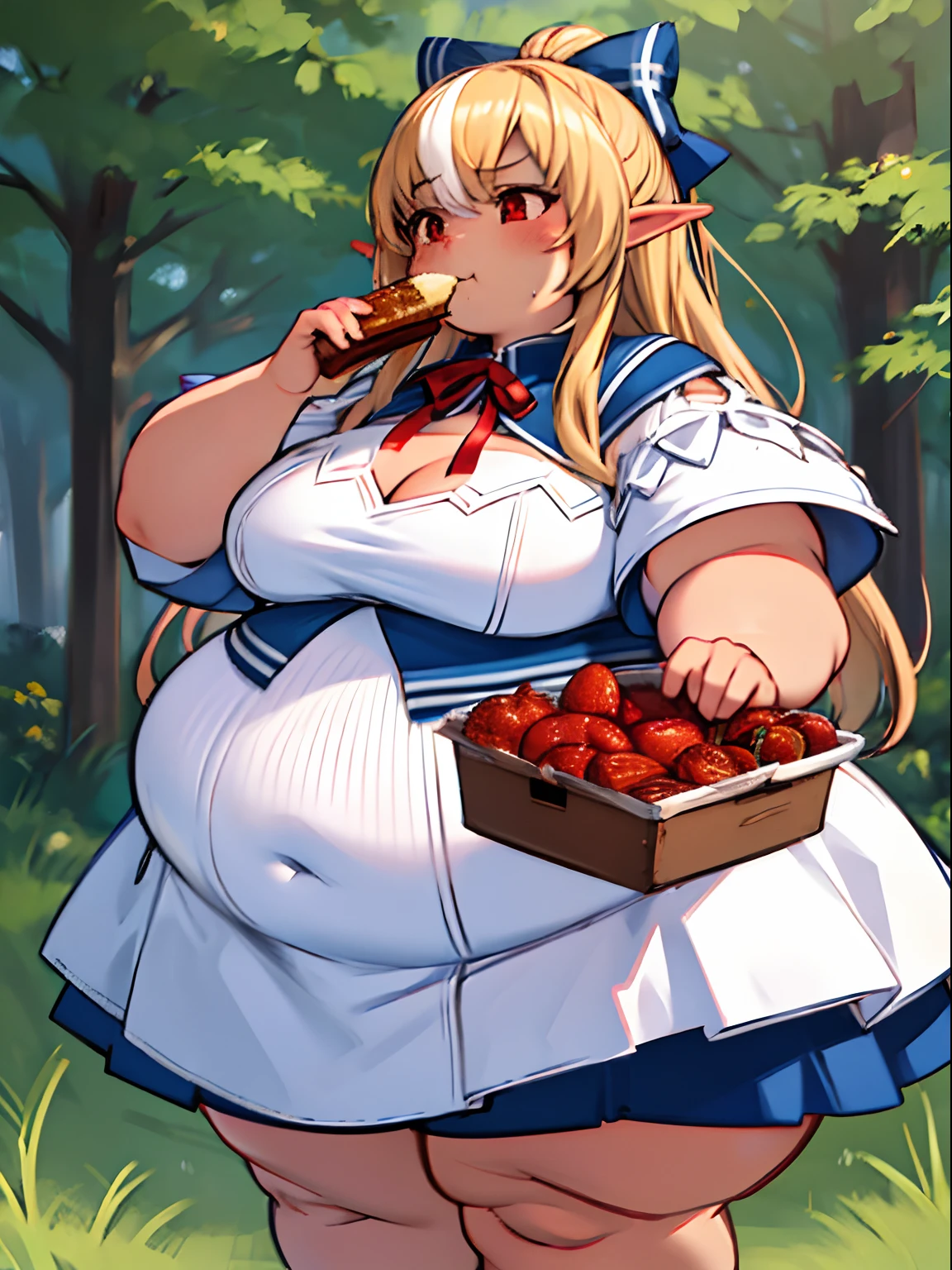 Fat shiranui flare, Fluffy and fat face, Obese Body, Big Cheeks, dark elf, panties, white dress, blue bow, hair bow, red ribbon, neck ribbon, Fattening , eating a lot