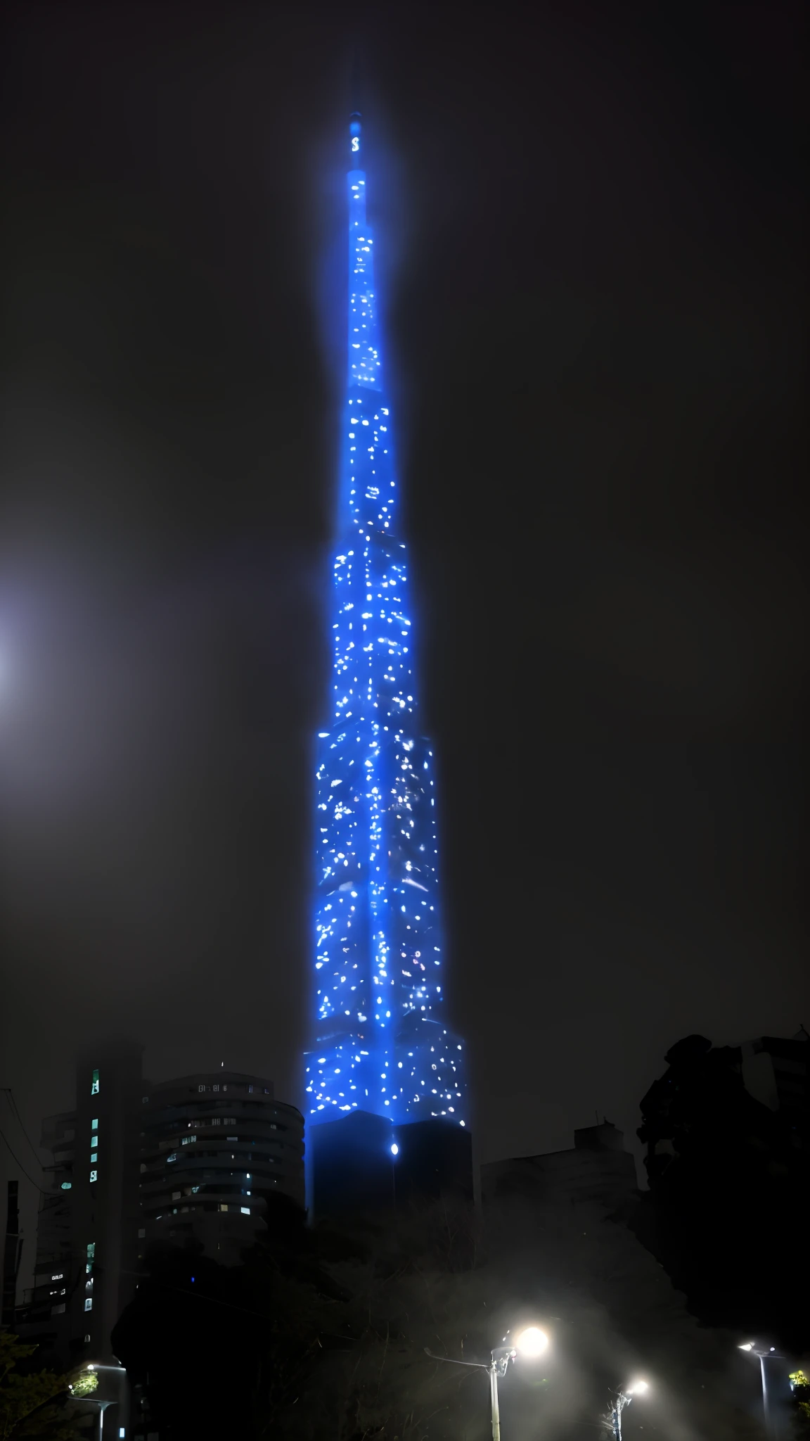 Ararfed view of a tall building with a blue light on it, lindas luzes azuis, luzes azuis, Japan Tokyo Skytree, com luzes azuis brilhantes, bright blue lighting, luzes azuis altas, at 15 feet high, Ethereal blue lighting, spire, skyline mostrando, 1km de altura, that is 1300 feet tall, with sky light blue dark blue