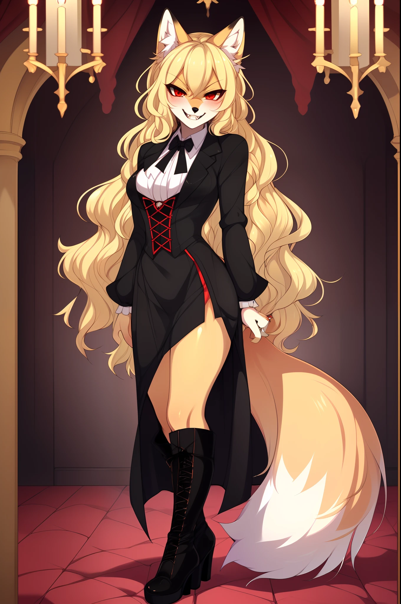 Kimiko, solo:1.3, red eyes, by tokifuji, cute blonde anthro fox girl, long wavy hair, in a fancy dark mansion, huge detailed environment, wearing black vampire clothes, grinning, furrowed eyebrows, large vampire fangs:1.2, seductive pose, stiletto boots