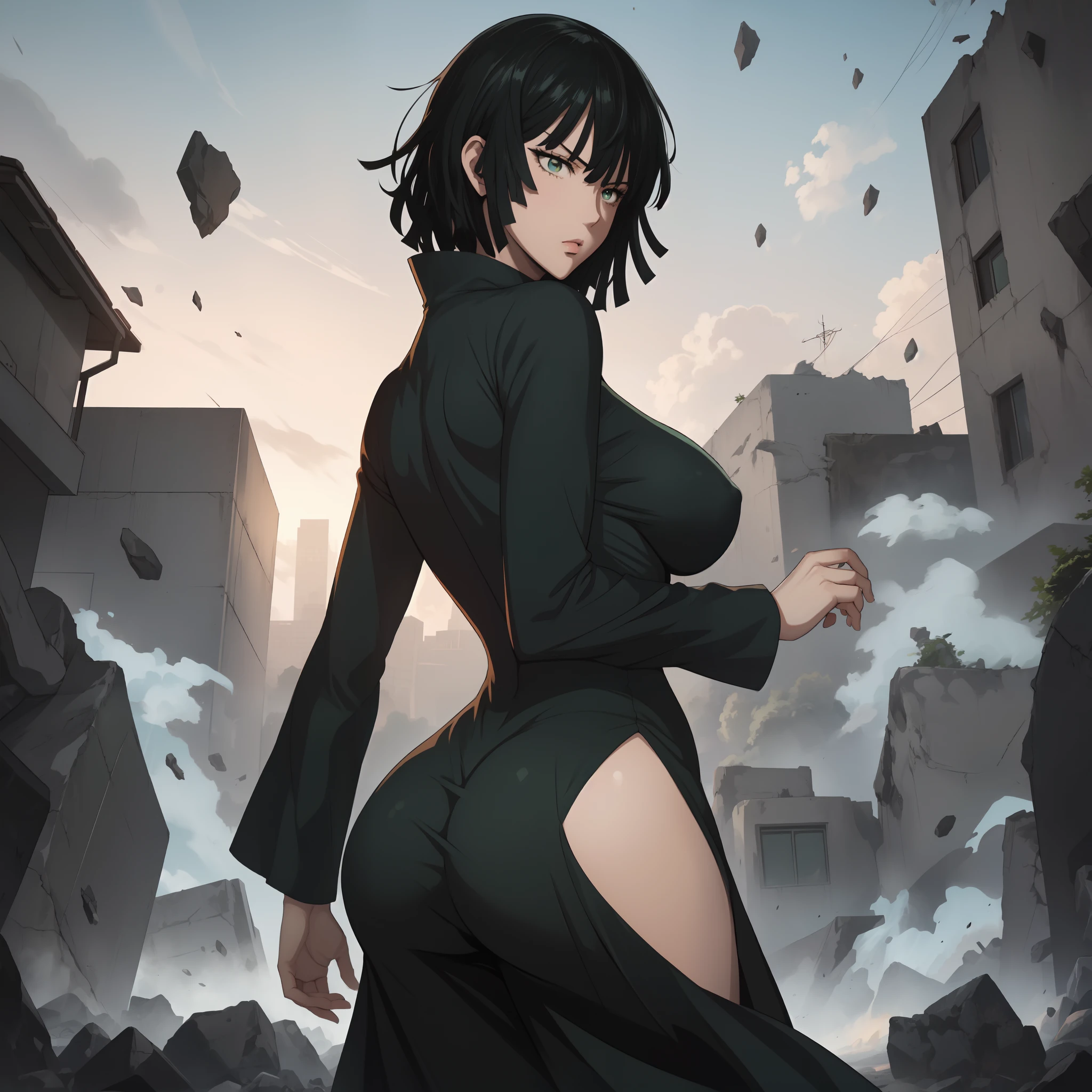 Anime art style, Fubuki from one punch man, green hair, white skin, wearing V-neck dress, standing on destroyed city, cinematic lights, blushing cheeks, big breast, big booty, NSFW, back view. 1 girl/fubuki